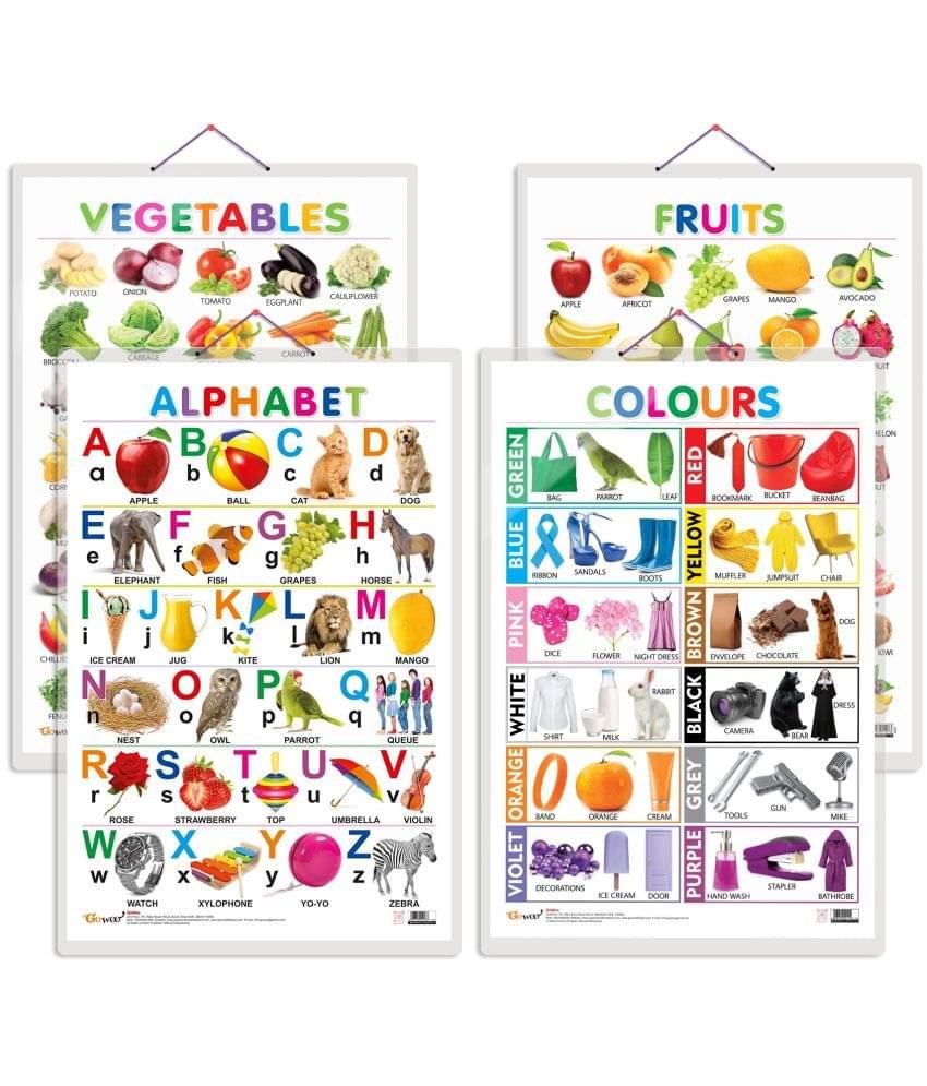 Set of 4 Alphabet, Fruits, Vegetables and Colours Early Learning Educational Charts for Kids | 20"X30" inch |Non-Tearable and Waterproof | Double Sided Laminated | Perfect for Homeschooling, Kindergarten and Nursery Students Set of 4 Alphabet, Fruits, Vegetables and Colours Early Learning Educational Charts for Kids | 20"X30" inch |Non-Tearable and Waterproof | Double Sided Laminated | Perfect for Homeschooling, Kindergarten and Nursery Students