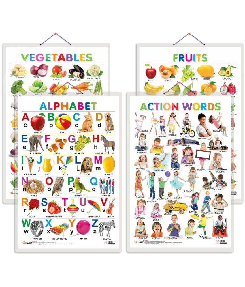 Set of 4 Alphabet, Fruits, Vegetables and Action Words Early Learning Educational Charts for Kids | 20"X30" inch |Non-Tearable and Waterproof | Double Sided Laminated | Perfect for Homeschooling, Kindergarten and Nursery Students Set of 4 Alphabet, Fruits, Vegetables and Action Words Early Learning Educational Charts for Kids | 20"X30" inch |Non-Tearable and Waterproof | Double Sided Laminated | Perfect for Homeschooling, Kindergarten and Nursery Students