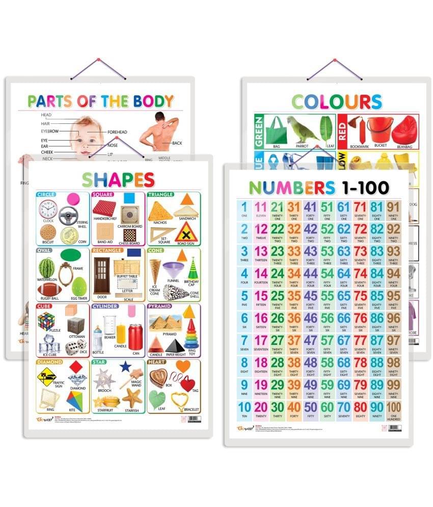     			Set of 4 Colours, Shapes, Parts of the Body and Numbers 1-100 Early Learning Educational Charts for Kids | 20"X30" inch |Non-Tearable and Waterproof | Double Sided Laminated | Perfect for Homeschooling, Kindergarten and Nursery Students