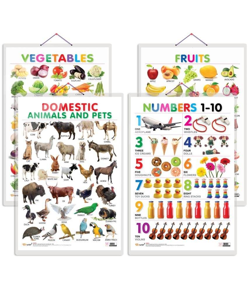     			Set of 4 Fruits, Vegetables, Domestic Animals and Pets and Numbers 1-10 Early Learning Educational Charts for Kids | 20"X30" inch |Non-Tearable and Waterproof | Double Sided Laminated | Perfect for Homeschooling, Kindergarten and Nursery Students