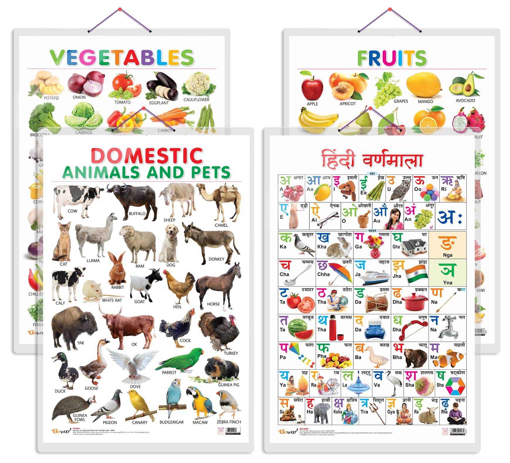     			Set of 4 Fruits, Vegetables, Domestic Animals and Pets and Hindi Varnamala Early Learning Educational Charts for Kids | 20"X30" inch |Non-Tearable and Waterproof | Double Sided Laminated | Perfect for Homeschooling, Kindergarten and Nursery Students