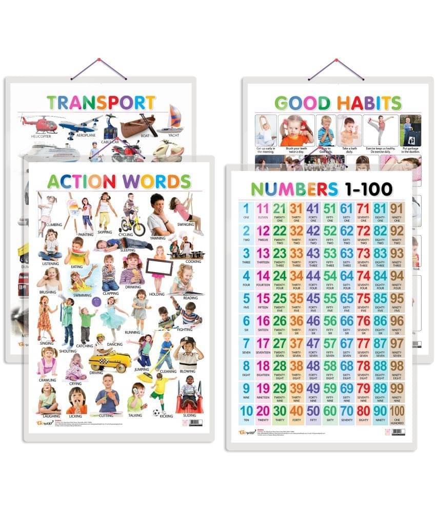 Set of 4 Good Habits, Action Words, Transport and Numbers 1-100 Early Learning Educational Charts for Kids | 20"X30" inch |Non-Tearable and Waterproof | Double Sided Laminated | Perfect for Homeschooling, Kindergarten and Nursery Students Set of 4 Good Habits, Action Words, Transport and Numbers 1-100 Early Learning Educational Charts for Kids | 20"X30" inch |Non-Tearable and Waterproof | Double Sided Laminated | Perfect for Homeschooling, Kindergarten and Nursery Students