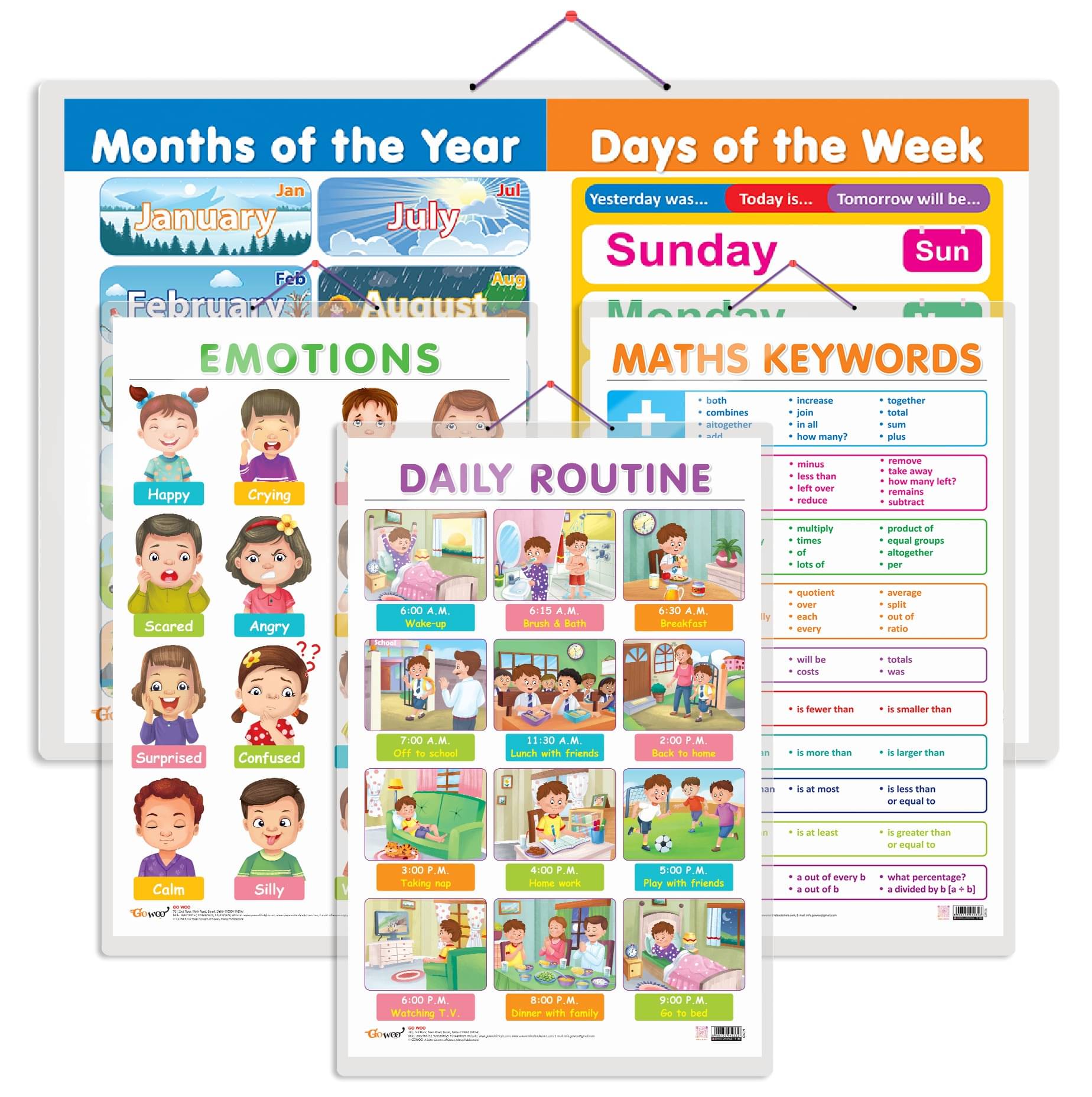 Set of 4 MATHS KEYWORDS, MONTHS OF THE YEAR AND DAYS OF THE WEEK, EMOTIONS and DAILY ROUTINE Early Learning Educational Charts for Kids Set of 4 MATHS KEYWORDS, MONTHS OF THE YEAR AND DAYS OF THE WEEK, EMOTIONS and DAILY ROUTINE Early Learning Educational Charts for Kids