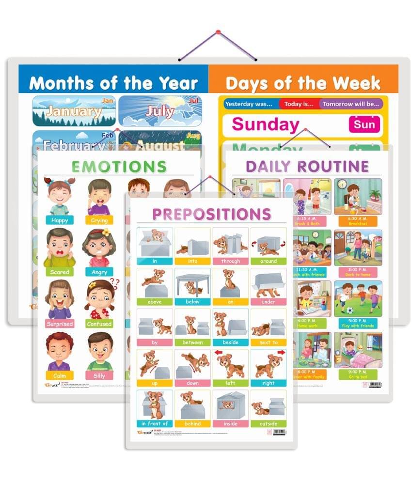 Set of 4 MONTHS OF THE YEAR AND DAYS OF THE WEEK, EMOTIONS, DAILY ROUTINE and PREPOSITIONS Early Learning Educational Charts for Kids Set of 4 MONTHS OF THE YEAR AND DAYS OF THE WEEK, EMOTIONS, DAILY ROUTINE and PREPOSITIONS Early Learning Educational Charts for Kids