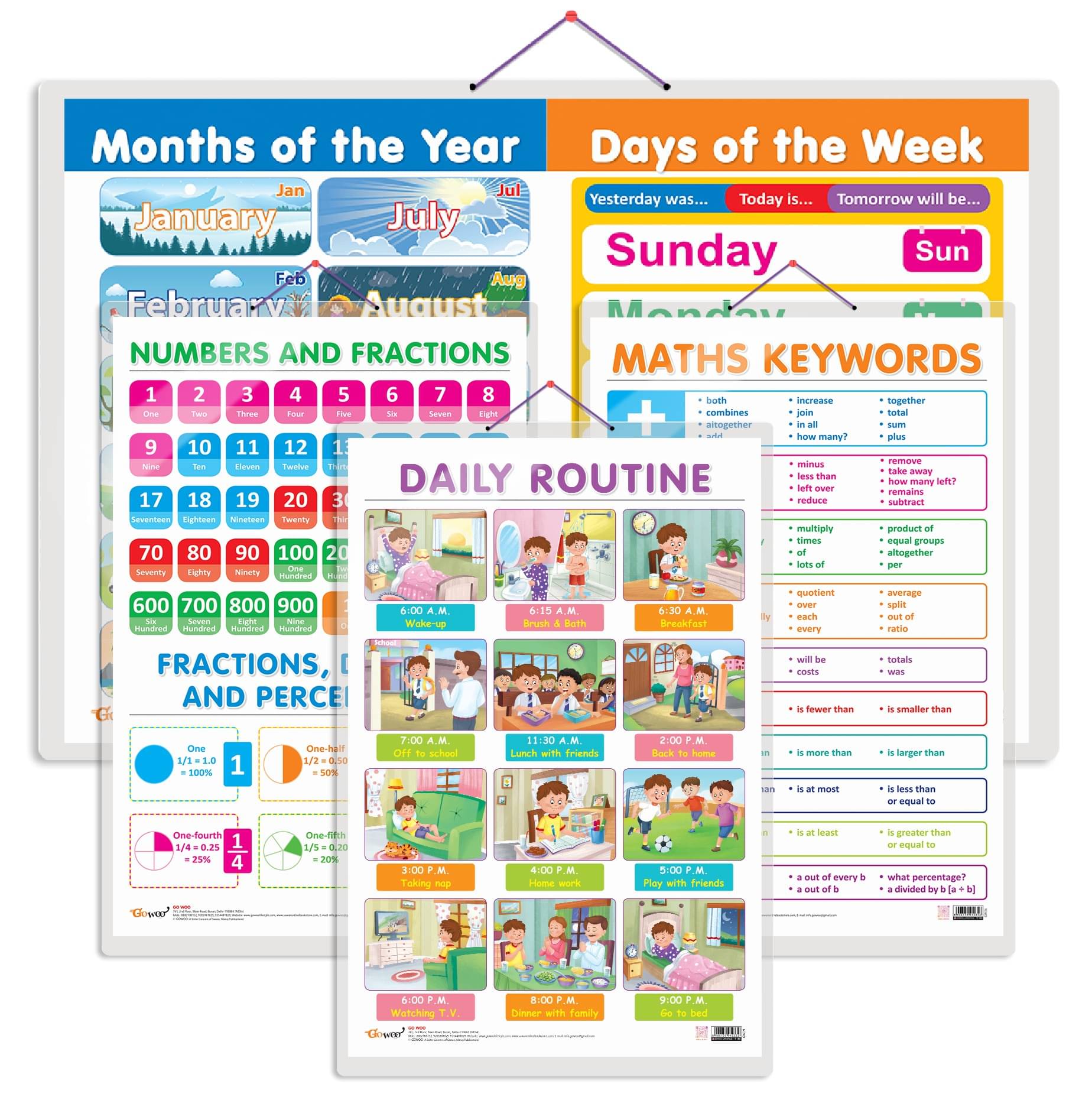 Set of 4 NUMBERS AND FRACTIONS, MATHS KEYWORDS, MONTHS OF THE YEAR AND DAYS OF THE WEEK and DAILY ROUTINE Early Learning Educational Charts for Kids Set of 4 NUMBERS AND FRACTIONS, MATHS KEYWORDS, MONTHS OF THE YEAR AND DAYS OF THE WEEK and DAILY ROUTINE Early Learning Educational Charts for Kids