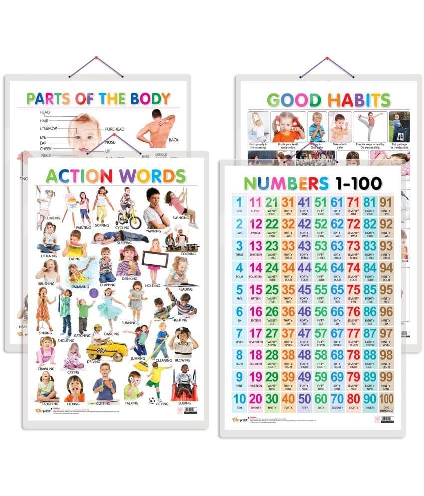 Set of 4 Parts of the Body, Good Habits, Action Words and Numbers 1-100 Early Learning Educational Charts for Kids | 20"X30" inch |Non-Tearable and Waterproof | Double Sided Laminated | Perfect for Homeschooling, Kindergarten and Nursery Students Set of 4 Parts of the Body, Good Habits, Action Words and Numbers 1-100 Early Learning Educational Charts for Kids | 20"X30" inch |Non-Tearable and Waterproof | Double Sided Laminated | Perfect for Homeschooling, Kindergarten and Nursery Students