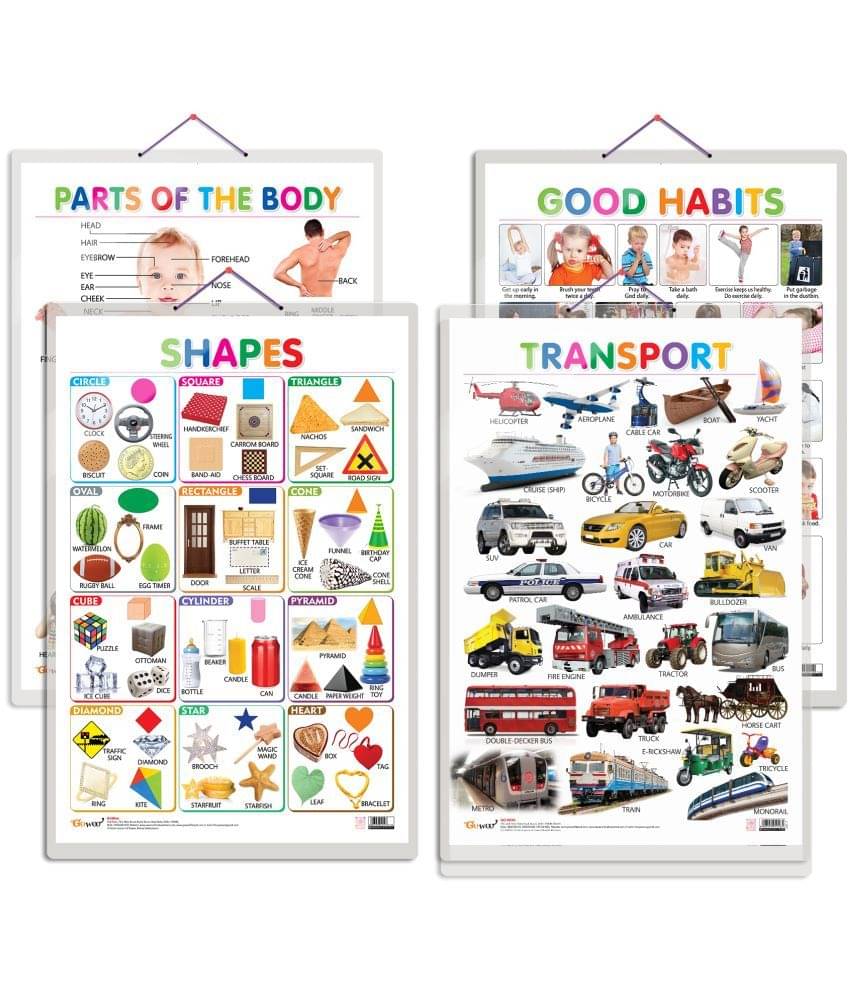 Set of 4 Shapes, Parts of the Body, Good Habits and Transport Early Learning Educational Charts for Kids | 20"X30" inch |Non-Tearable and Waterproof | Double Sided Laminated | Perfect for Homeschooling, Kindergarten and Nursery Students Set of 4 Shapes, Parts of the Body, Good Habits and Transport Early Learning Educational Charts for Kids | 20"X30" inch |Non-Tearable and Waterproof | Double Sided Laminated | Perfect for Homeschooling, Kindergarten and Nursery Students