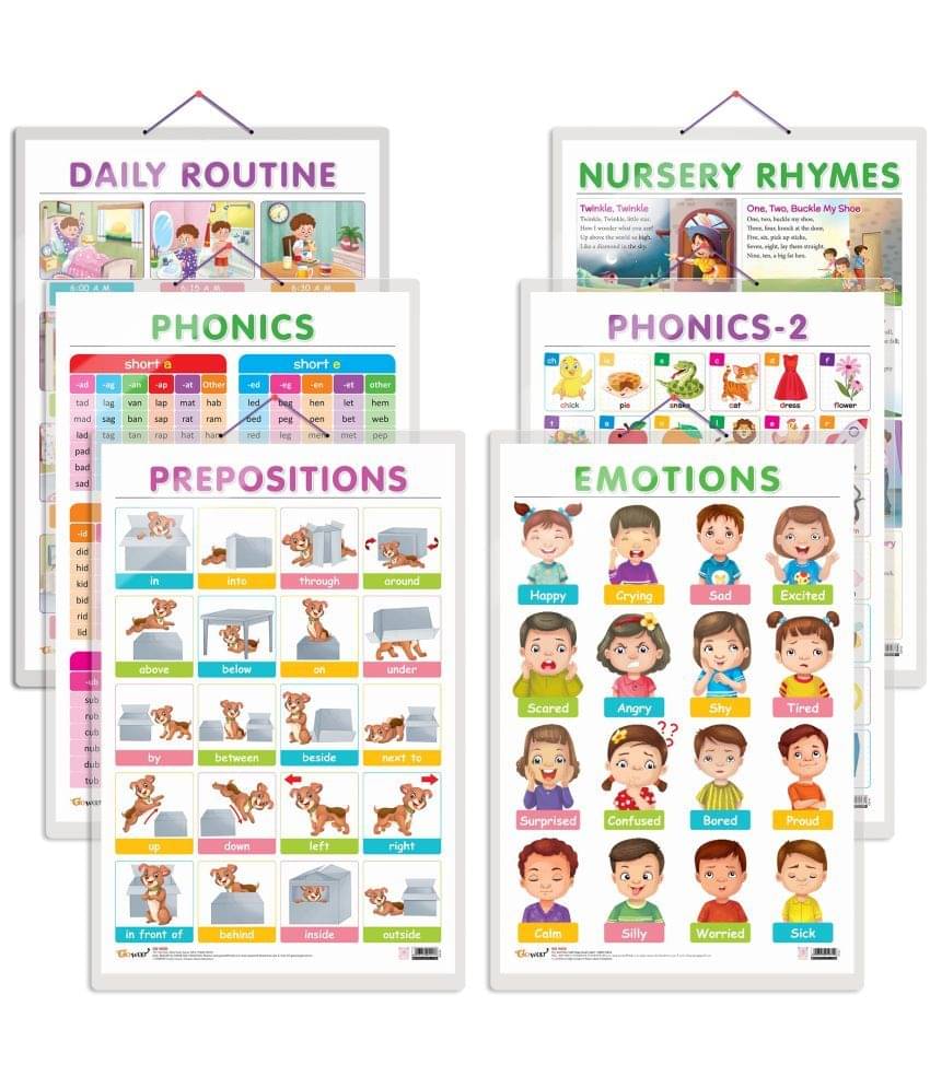 Set of 6 EMOTIONS, DAILY ROUTINE, NURSERY RHYMES, PREPOSITIONS, PHONICS - 1 and PHONICS - 2 Early Learning Educational Charts for Kids Set of 6 EMOTIONS, DAILY ROUTINE, NURSERY RHYMES, PREPOSITIONS, PHONICS - 1 and PHONICS - 2 Early Learning Educational Charts for Kids