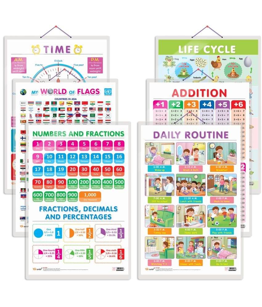 Set of 6 My World of Flags, Life Cycle, TIME, ADDITION, NUMBERS AND FRACTIONS and DAILY ROUTINE Early Learning Educational Charts for Kids Set of 6 My World of Flags, Life Cycle, TIME, ADDITION, NUMBERS AND FRACTIONS and DAILY ROUTINE Early Learning Educational Charts for Kids