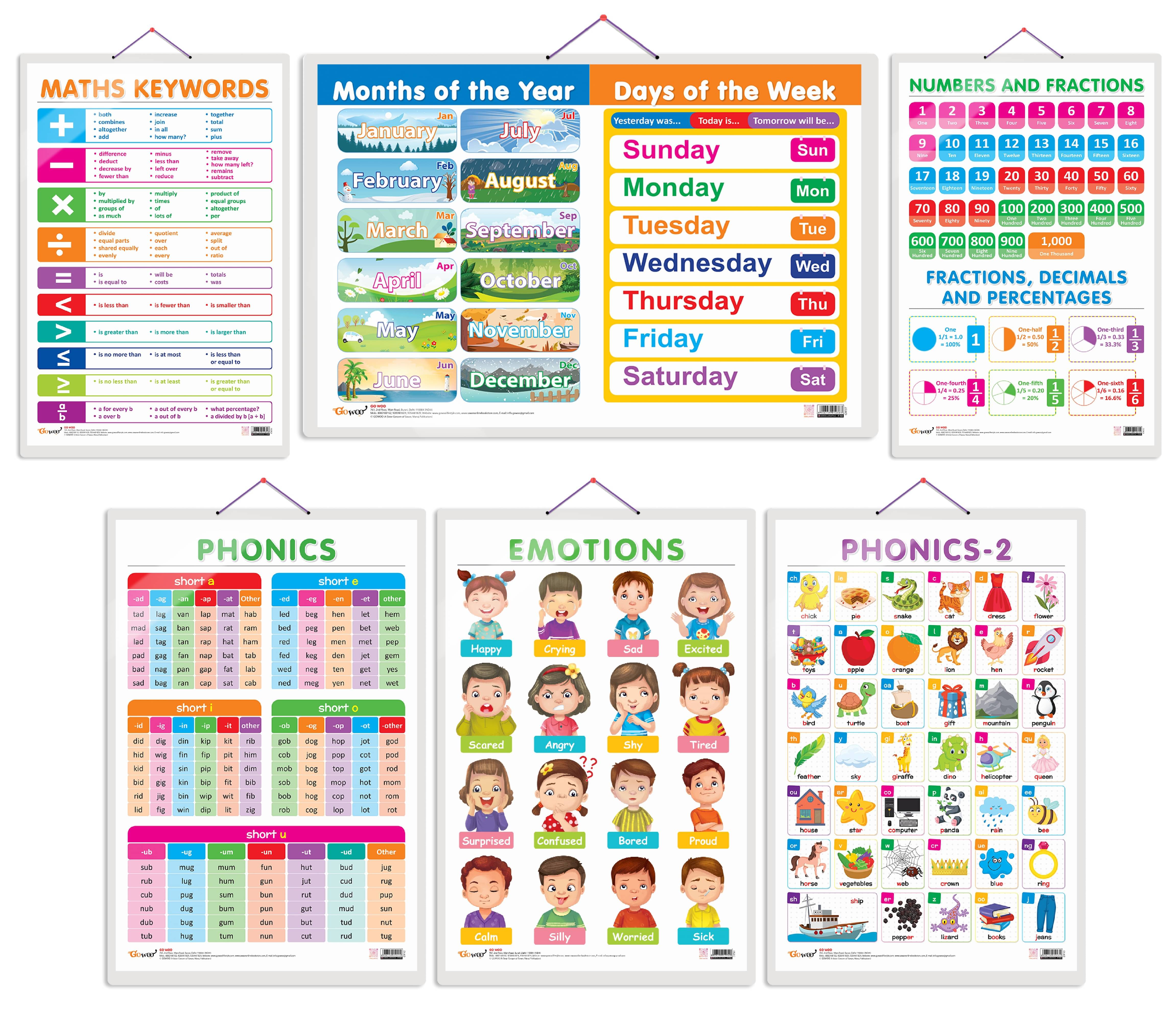 Set of 6 NUMBERS AND FRACTIONS, MATHS KEYWORDS, MONTHS OF THE YEAR AND DAYS OF THE WEEK, EMOTIONS, PHONICS - 1 and PHONICS - 2 Early Learning Educational Charts for Kids Set of 6 NUMBERS AND FRACTIONS, MATHS KEYWORDS, MONTHS OF THE YEAR AND DAYS OF THE WEEK, EMOTIONS, PHONICS - 1 and PHONICS - 2 Early Learning Educational Charts for Kids