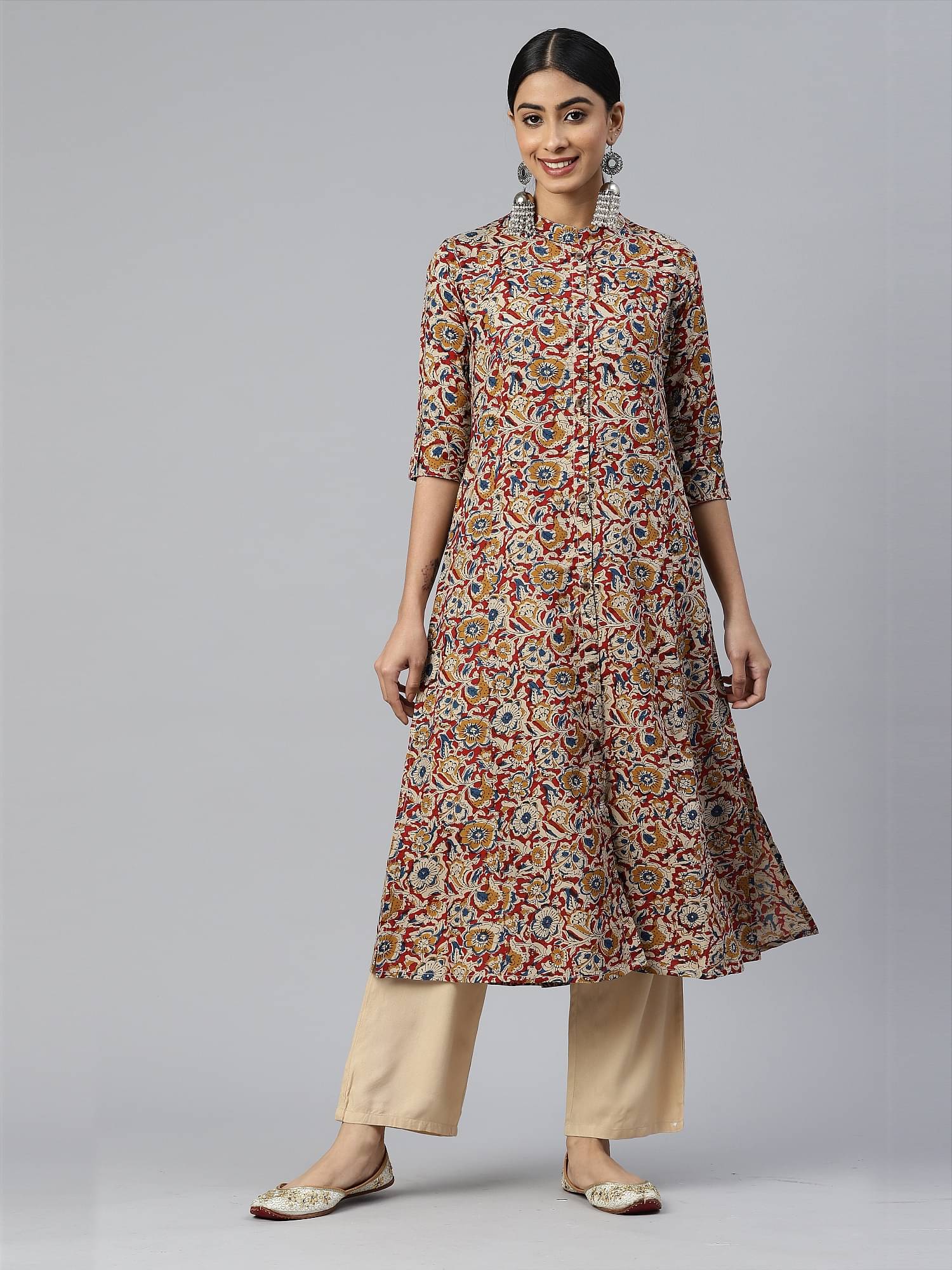 Vbuyz Pack of 1 Rayon Printed Front Slit Women's Kurti - ( Beige )     			Vbuyz Pack of 1 Rayon Printed Front Slit Women's Kurti - ( Beige )