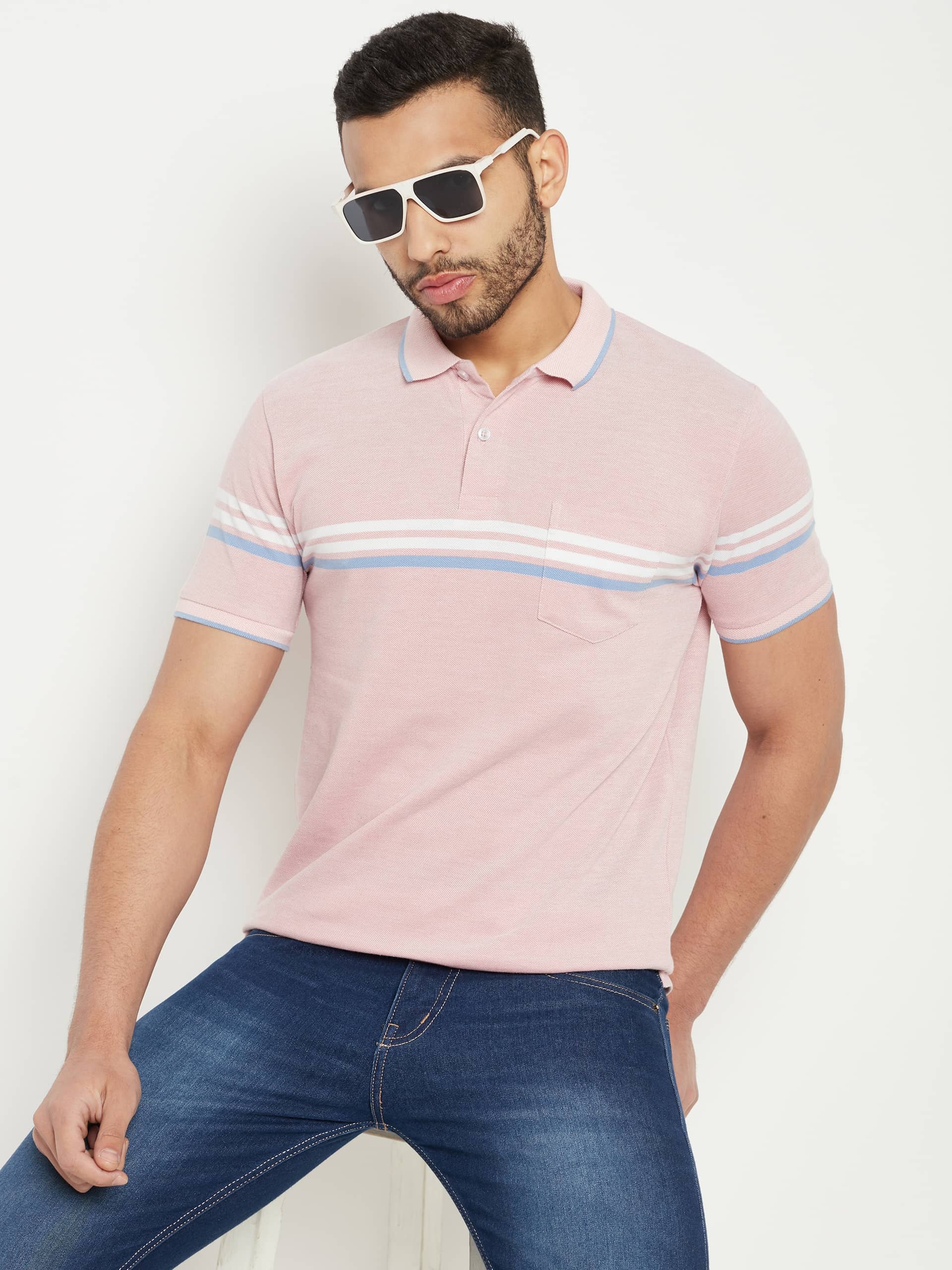 AUSTIN WOOD Pack of 1 Cotton Blend Regular Fit Striped Half Sleeves Men's Polo T Shirt ( Multicolor )
