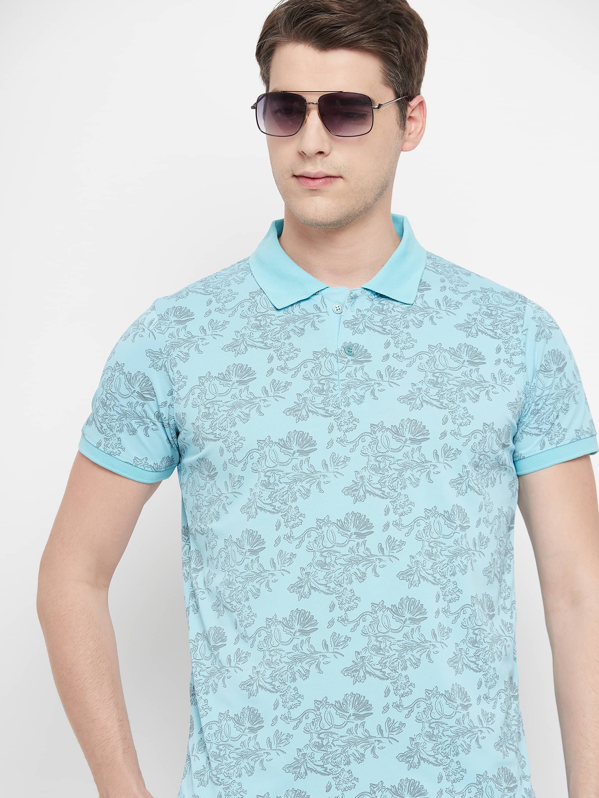 OGEN Pack of 1 Cotton Blend Regular Fit Printed Half Sleeves Men's Polo T Shirt ( Sky Blue )