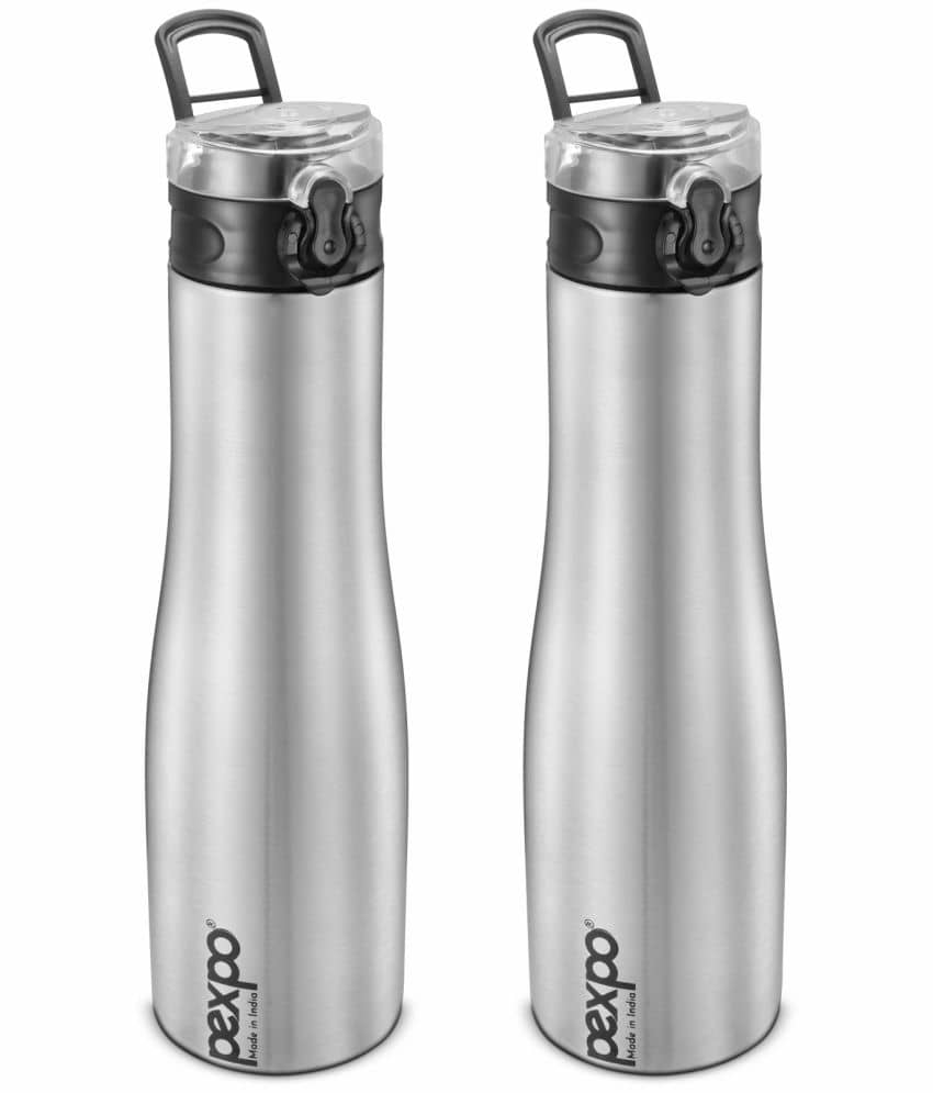 PEXPO 1000 ml Stainless Steel Sports Water Bottle, Push Button Cap (Set of 2, Silver, Monaco)
