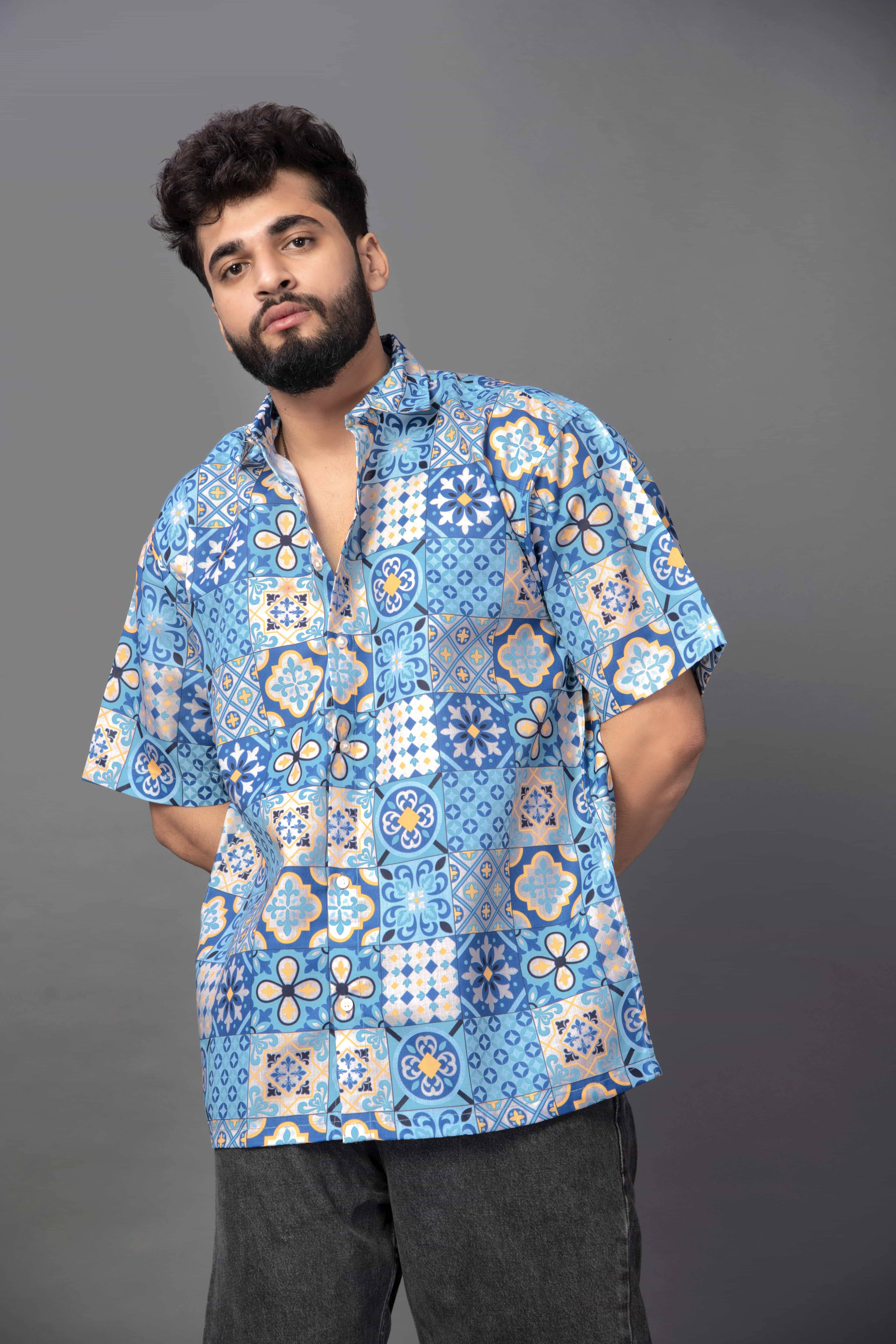BROWN BROTHERS Cotton Blend Boxy Printed Half Sleeves Men's Casual Shirt - Blue ( Pack of 1 )
