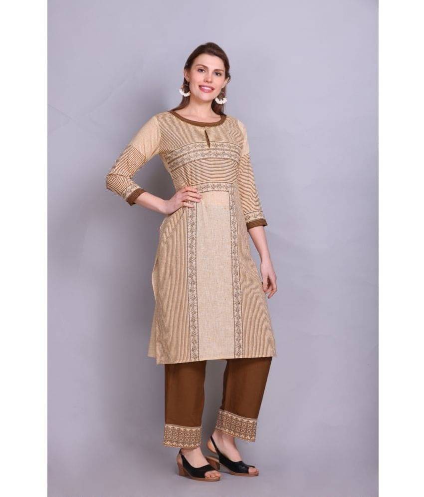ELTHIA - Beige Cotton Women's Straight Kurti ( Pack of 1 ) ELTHIA - Beige Cotton Women's Straight Kurti ( Pack of 1 )