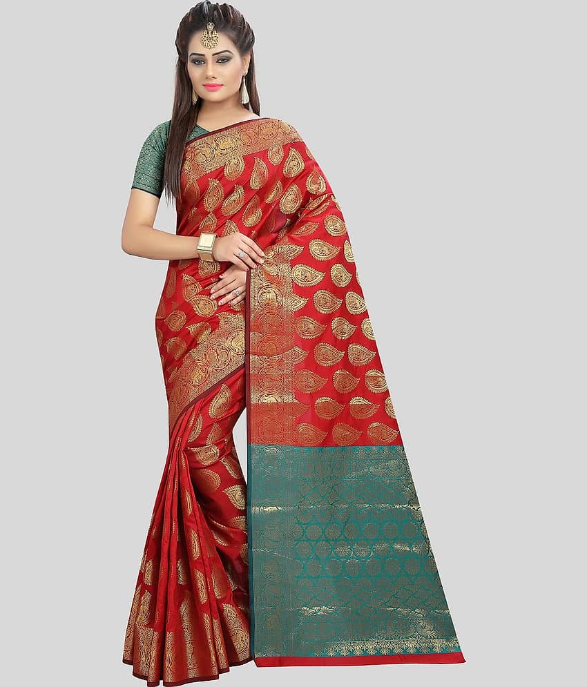 Gazal Fashions Banarasi Silk Embellished Saree With Unstitched Blouse Piece ( Red ) - Sarees | Buy online on ZillyBuy
