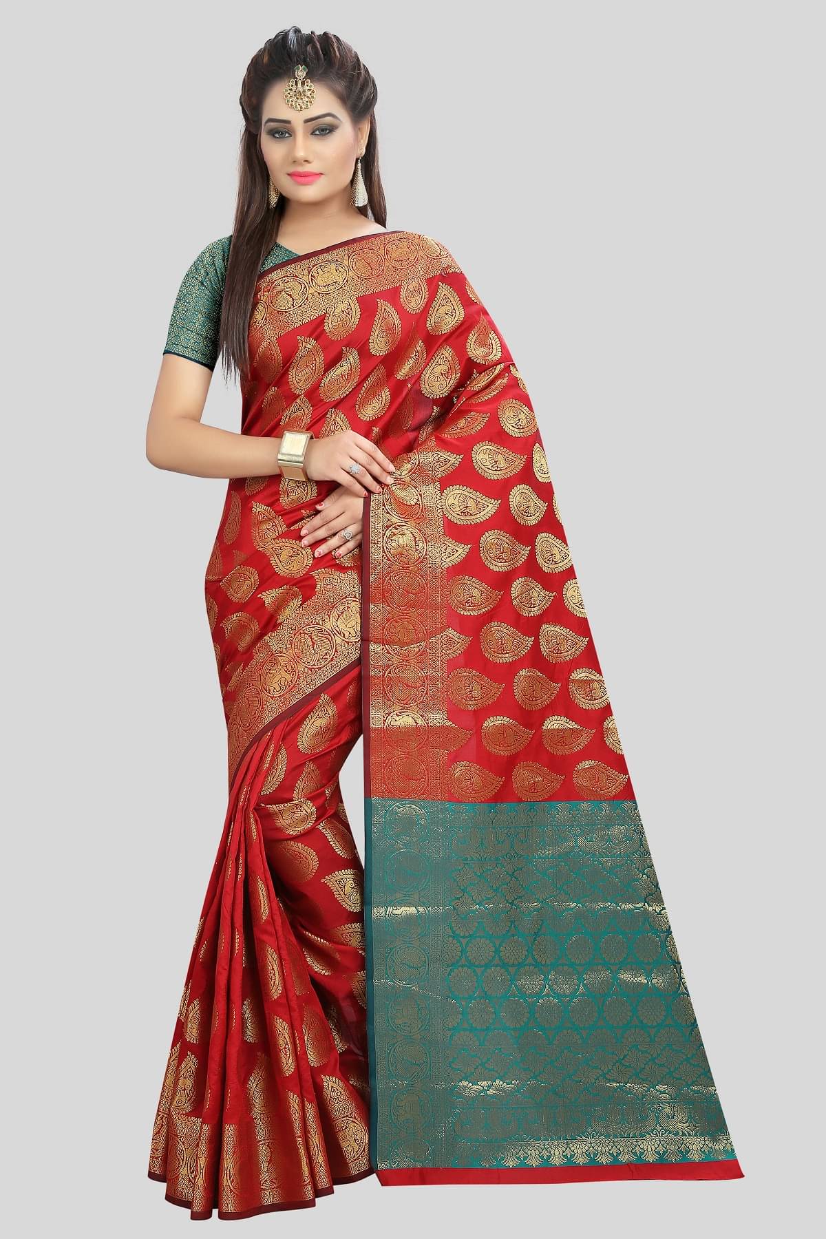     			Gazal Fashions Banarasi Silk Embellished Saree With Unstitched Blouse Piece ( Red )