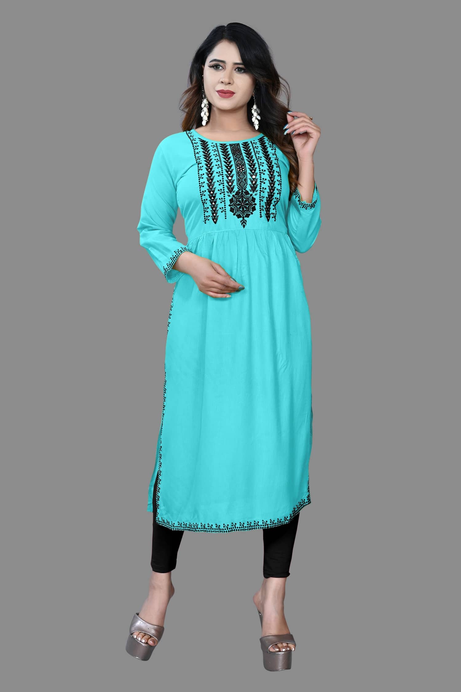 HAYA - Turquoise Rayon Women's Straight Kurti ( Pack of 1 ) - Kurtis, Tunics | Buy online on ZillyBuy