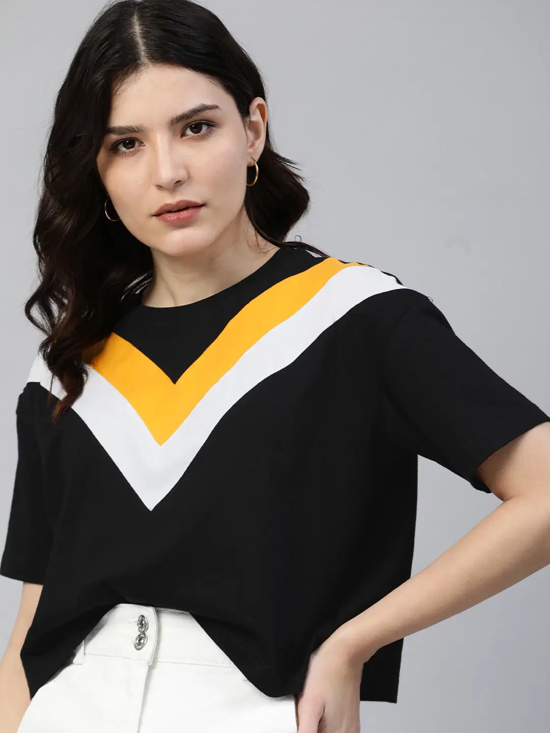 JUNEBERRY Women Cotton Colorblock Regular Fit Round Neck T-Shirt ( Black )