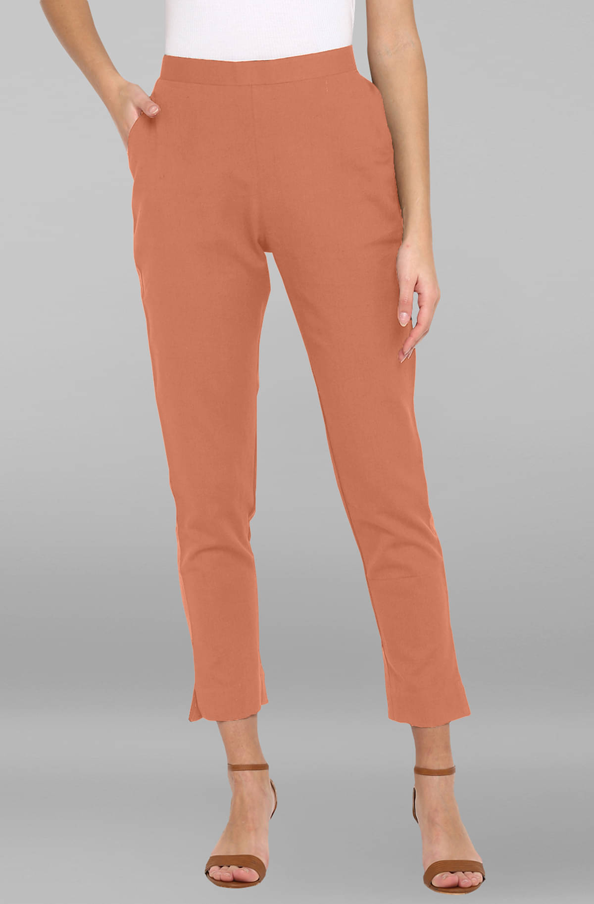     			Janasya - Peach Cotton Blend Regular Women's Casual Pants ( Pack of 1 )