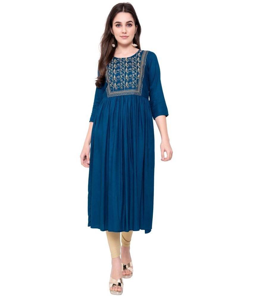 KRISKA - Blue Rayon Women's Flared Kurti ( Pack of 1 )     			KRISKA - Blue Rayon Women's Flared Kurti ( Pack of 1 )
