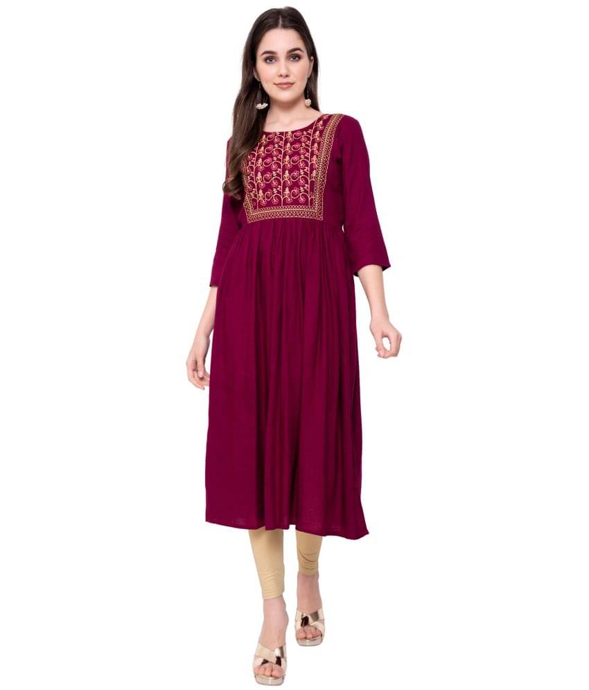 KRISKA - Magenta Rayon Women's Flared Kurti ( Pack of 1 ) KRISKA - Magenta Rayon Women's Flared Kurti ( Pack of 1 )