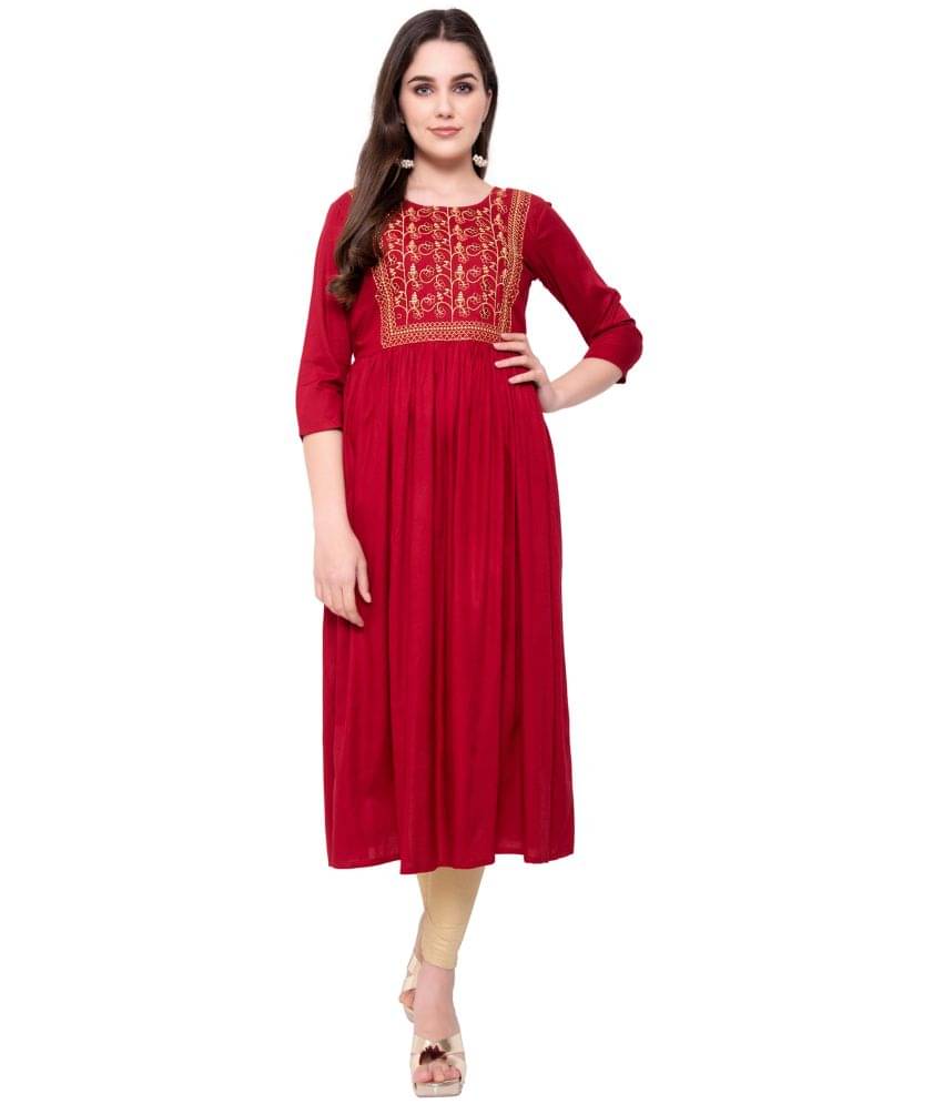     			KRISKA - Red Rayon Women's Flared Kurti ( Pack of 1 )