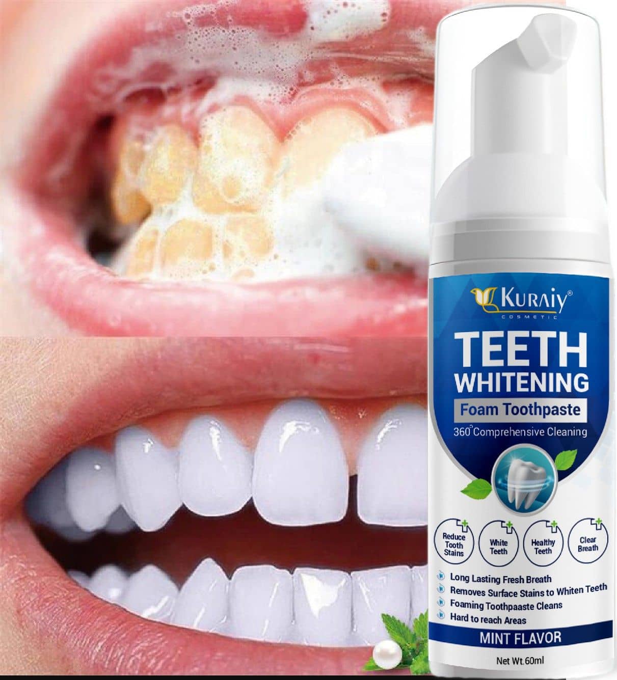 KURAIY Teeth Whitening Oral Hygiene Breath Toothpaste Foam 60ML