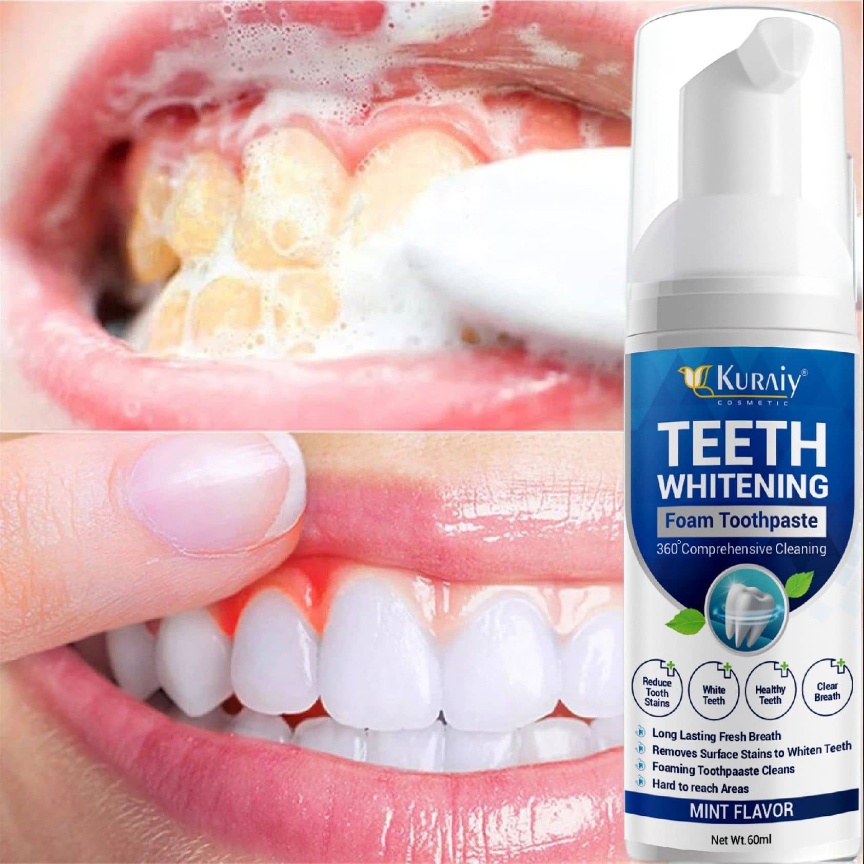 KURAIY Teeth Whitening Oral Hygiene Breath Toothpaste Foam 60ML