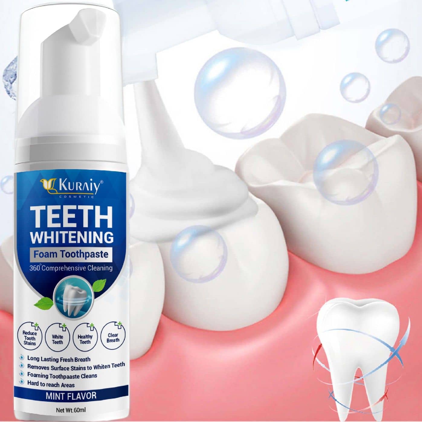 KURAIY Teeth Whitening Oral Hygiene Breath Toothpaste Foam 60ML