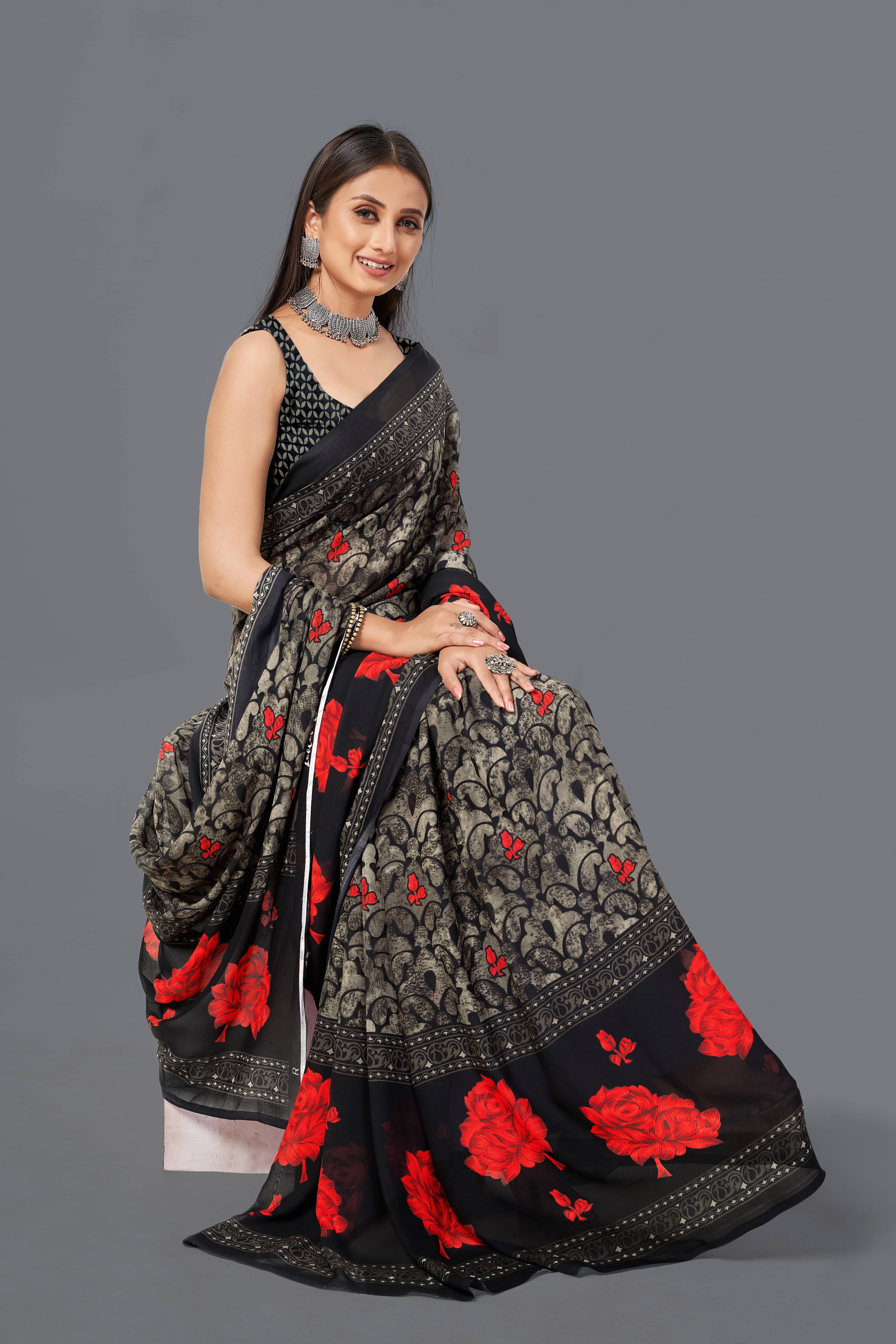     			LEELAVATI Georgette Printed Saree With Unstitched Blouse Piece ( Black )
