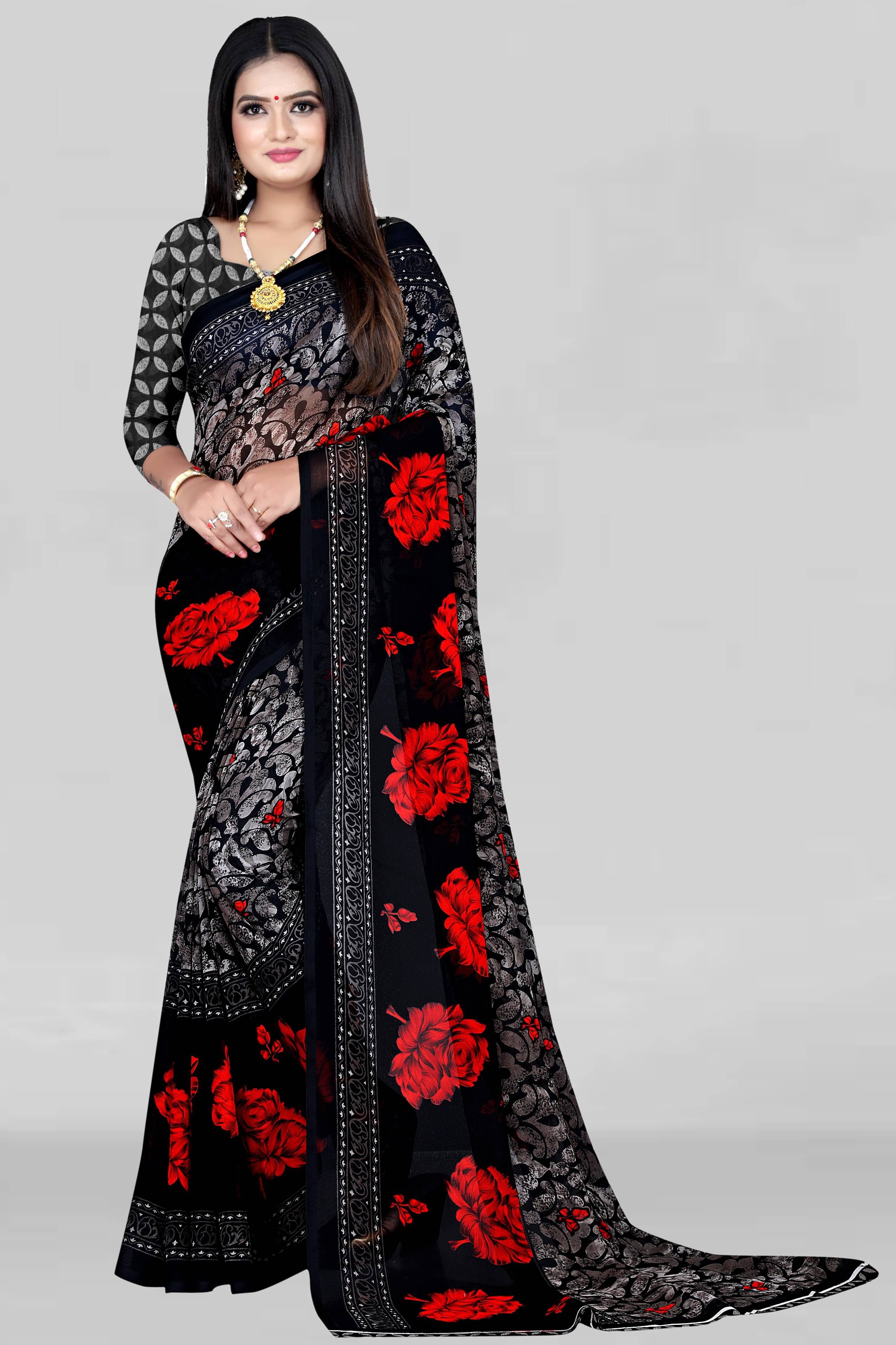     			LEELAVATI Georgette Printed Saree With Unstitched Blouse Piece ( Black )