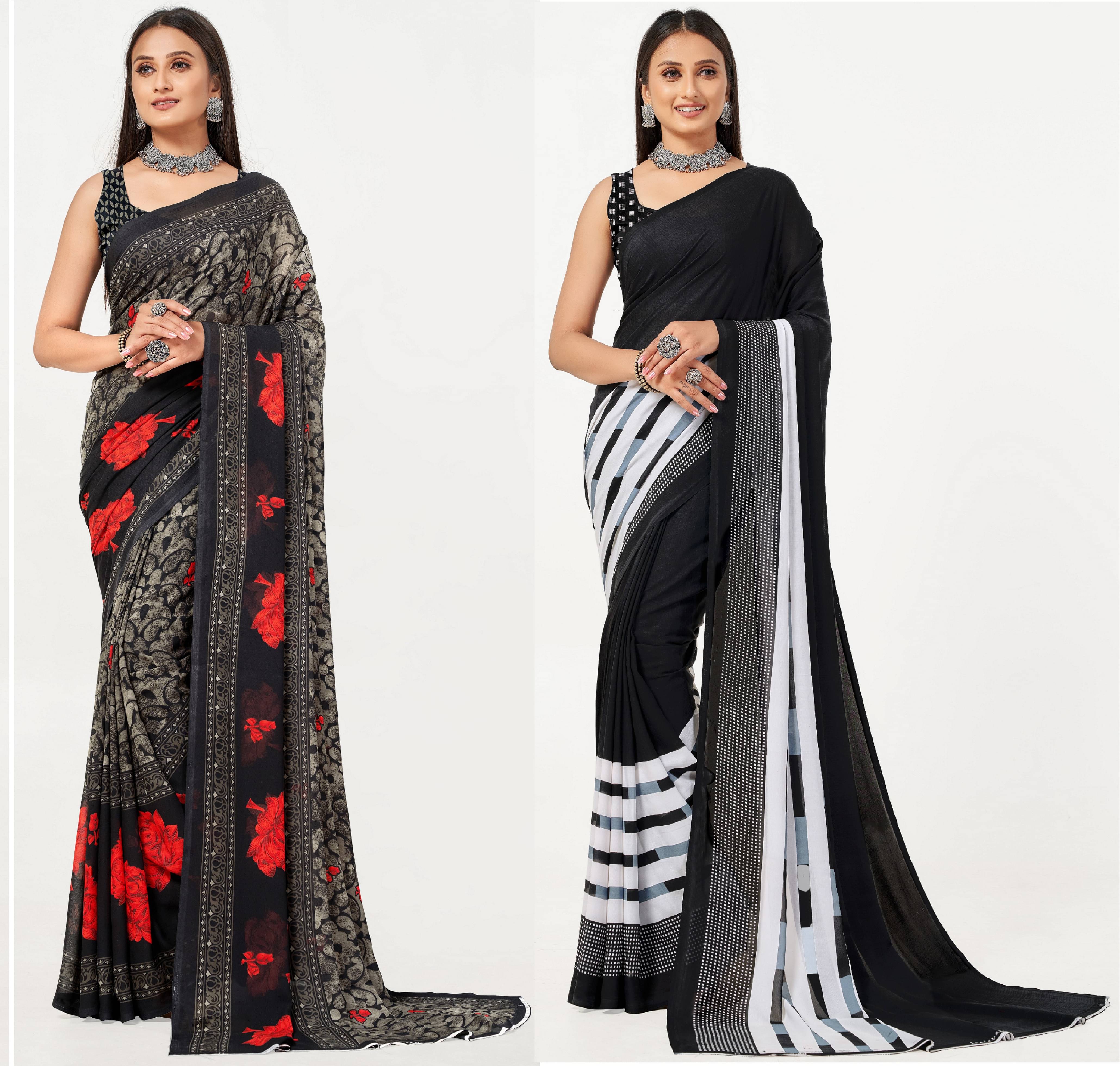 LEELAVATI Georgette Printed Saree With Unstitched Blouse Piece ( Black ) LEELAVATI Georgette Printed Saree With Unstitched Blouse Piece ( Black )