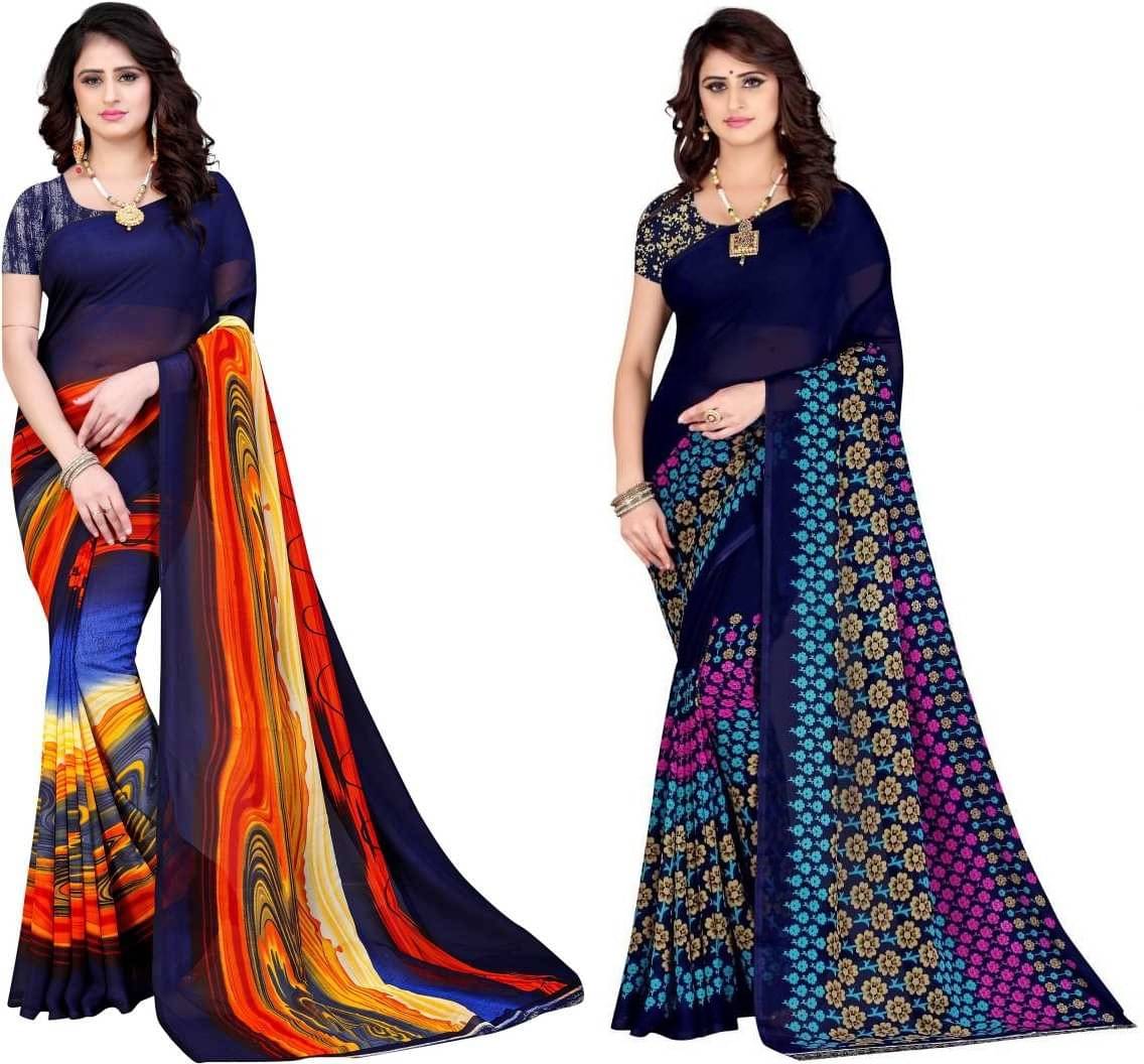 LEELAVATI Georgette Printed Saree With Unstitched Blouse Piece ( Blue )     			LEELAVATI Georgette Printed Saree With Unstitched Blouse Piece ( Blue )