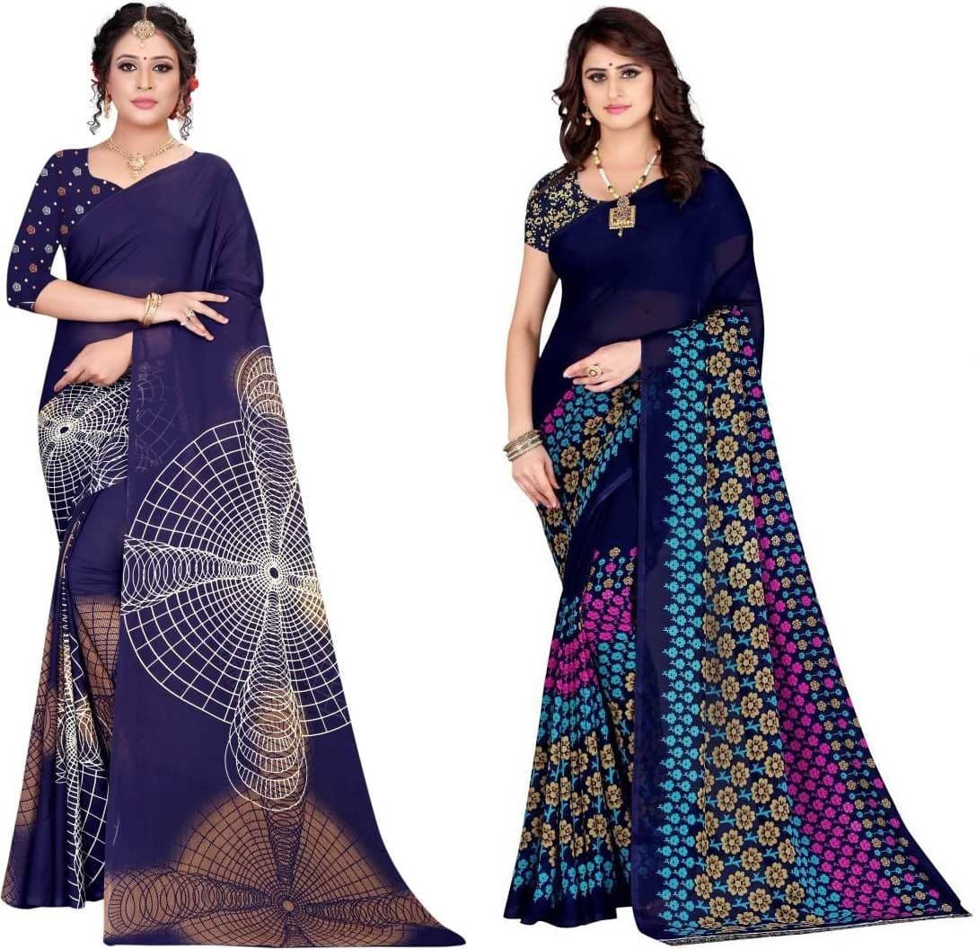 LEELAVATI Georgette Printed Saree With Unstitched Blouse Piece ( Blue ) - Sarees | Buy online on ZillyBuy