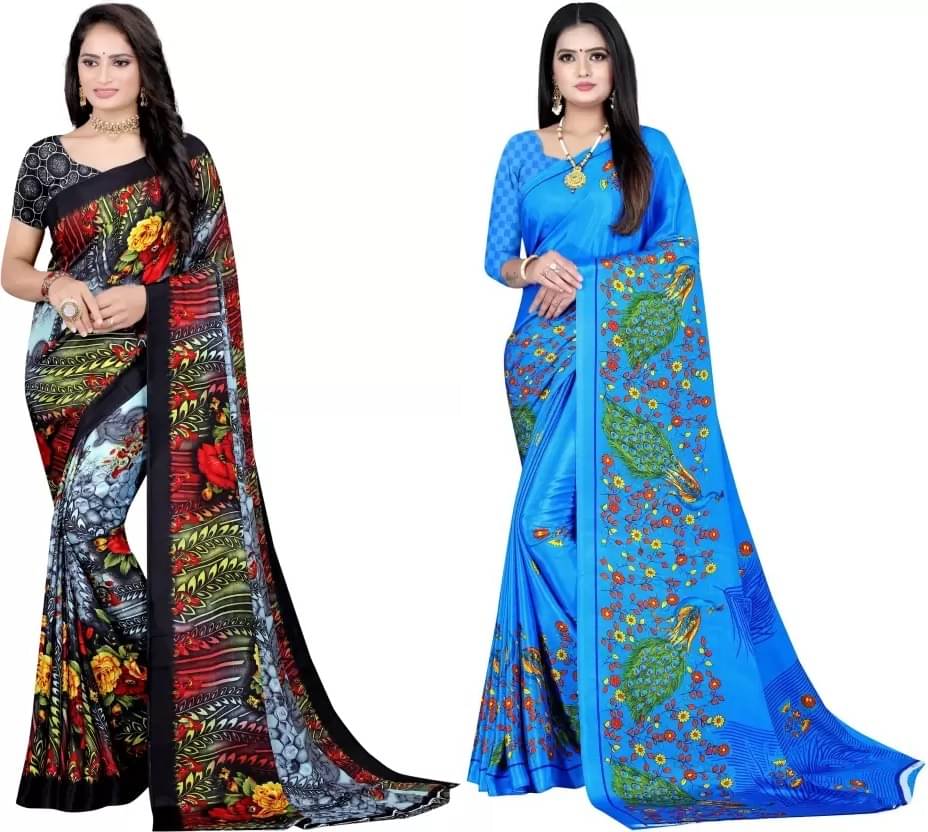 LEELAVATI Crepe Printed Saree With Unstitched Blouse Piece ( Multicolor ) LEELAVATI Crepe Printed Saree With Unstitched Blouse Piece ( Multicolor )