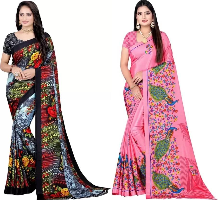 LEELAVATI Crepe Printed Saree With Unstitched Blouse Piece ( Multicolor ) LEELAVATI Crepe Printed Saree With Unstitched Blouse Piece ( Multicolor )