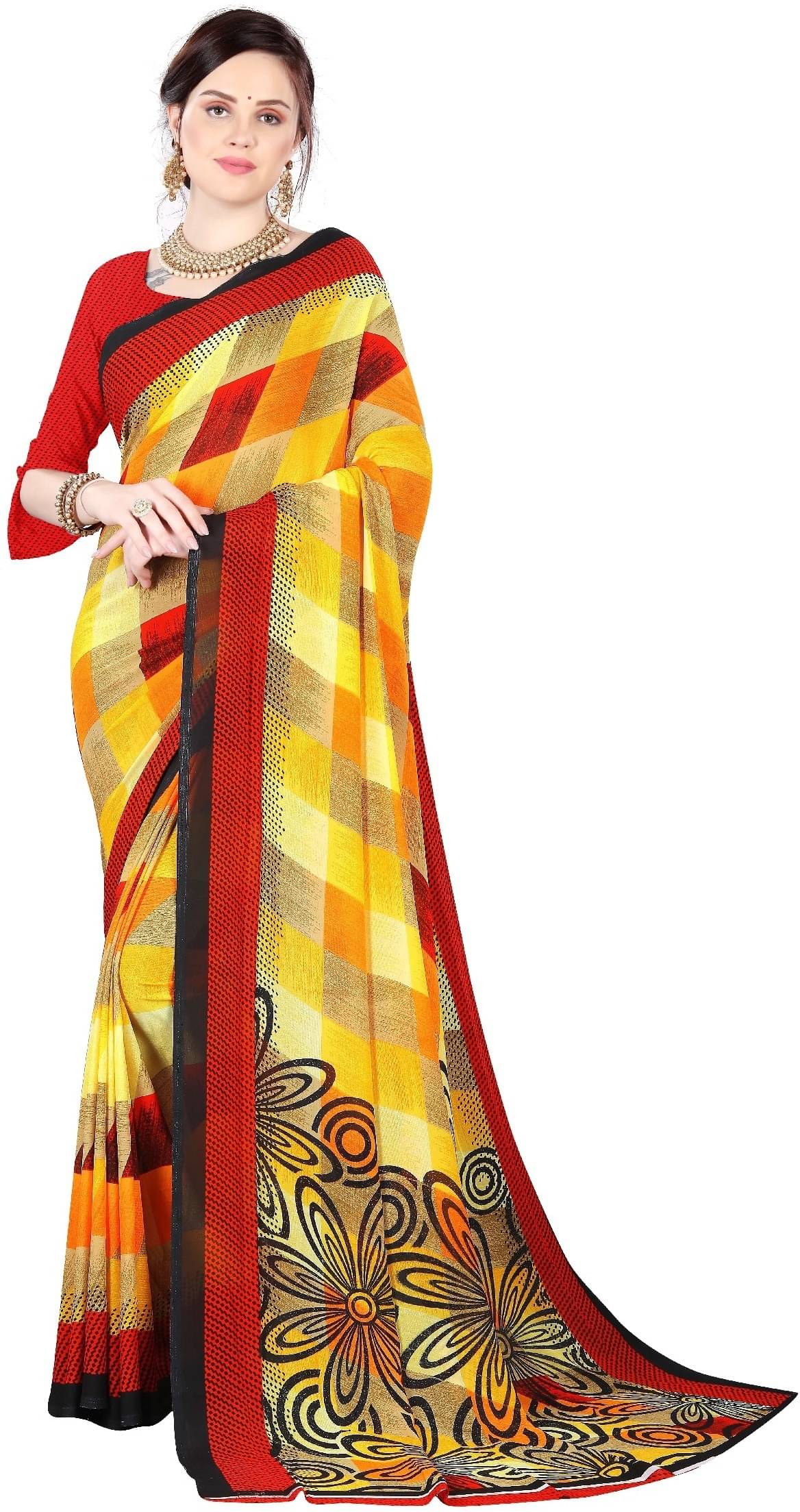     			LEELAVATI Georgette Checks Saree With Unstitched Blouse Piece ( Multicolor )
