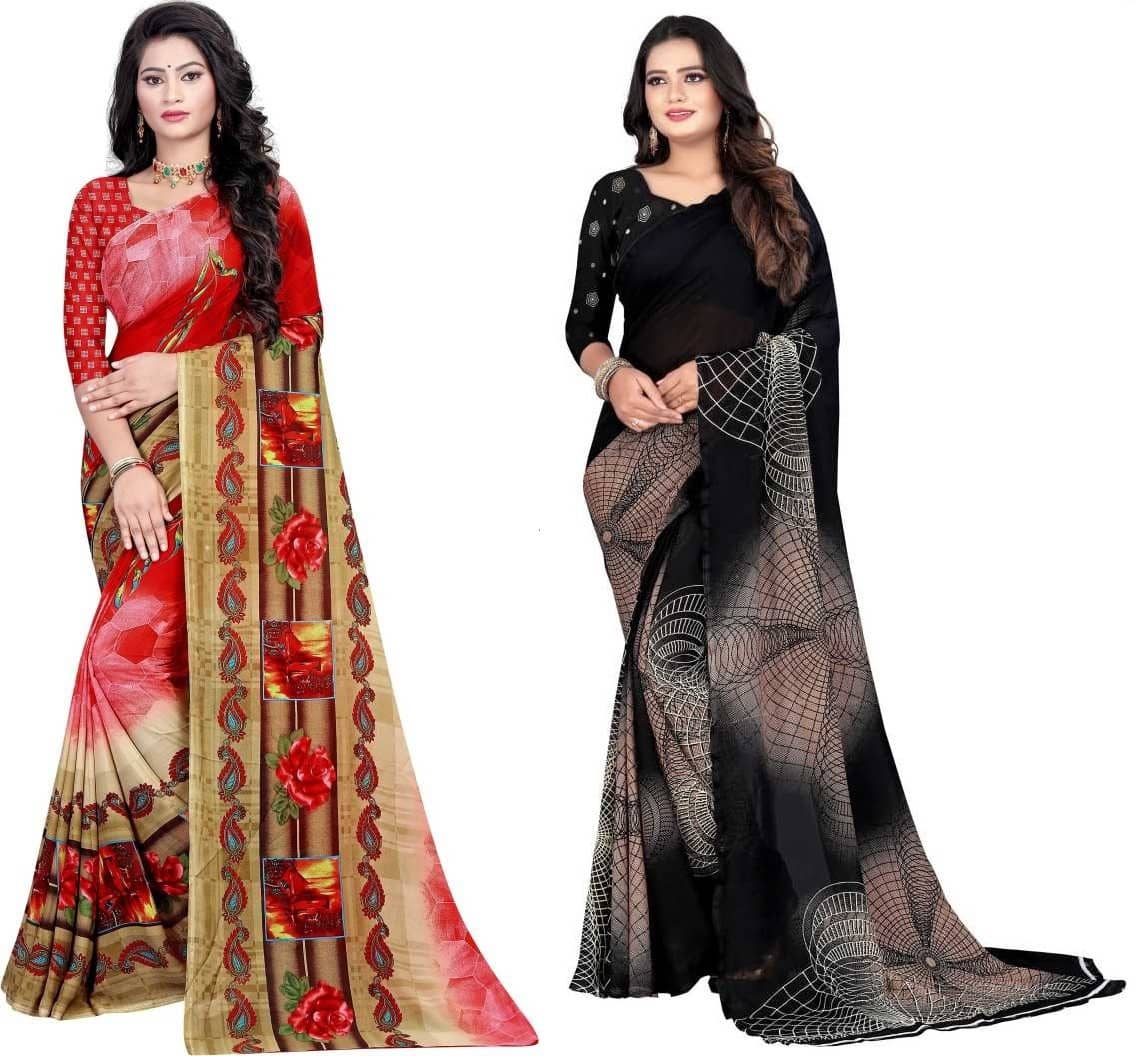 LEELAVATI Georgette Printed Saree With Unstitched Blouse Piece ( Multicolor ) - Sarees | Buy online on ZillyBuy