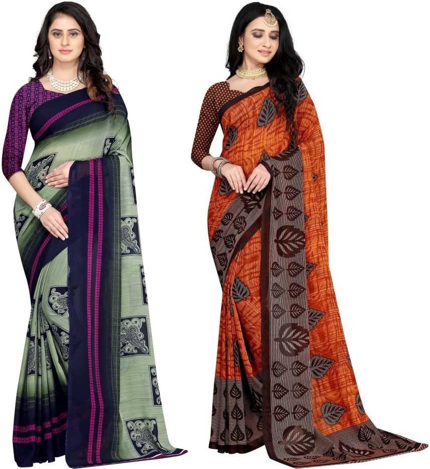 LEELAVATI Georgette Printed Saree With Unstitched Blouse Piece ( Multicolor ) - Sarees | Buy online on ZillyBuy