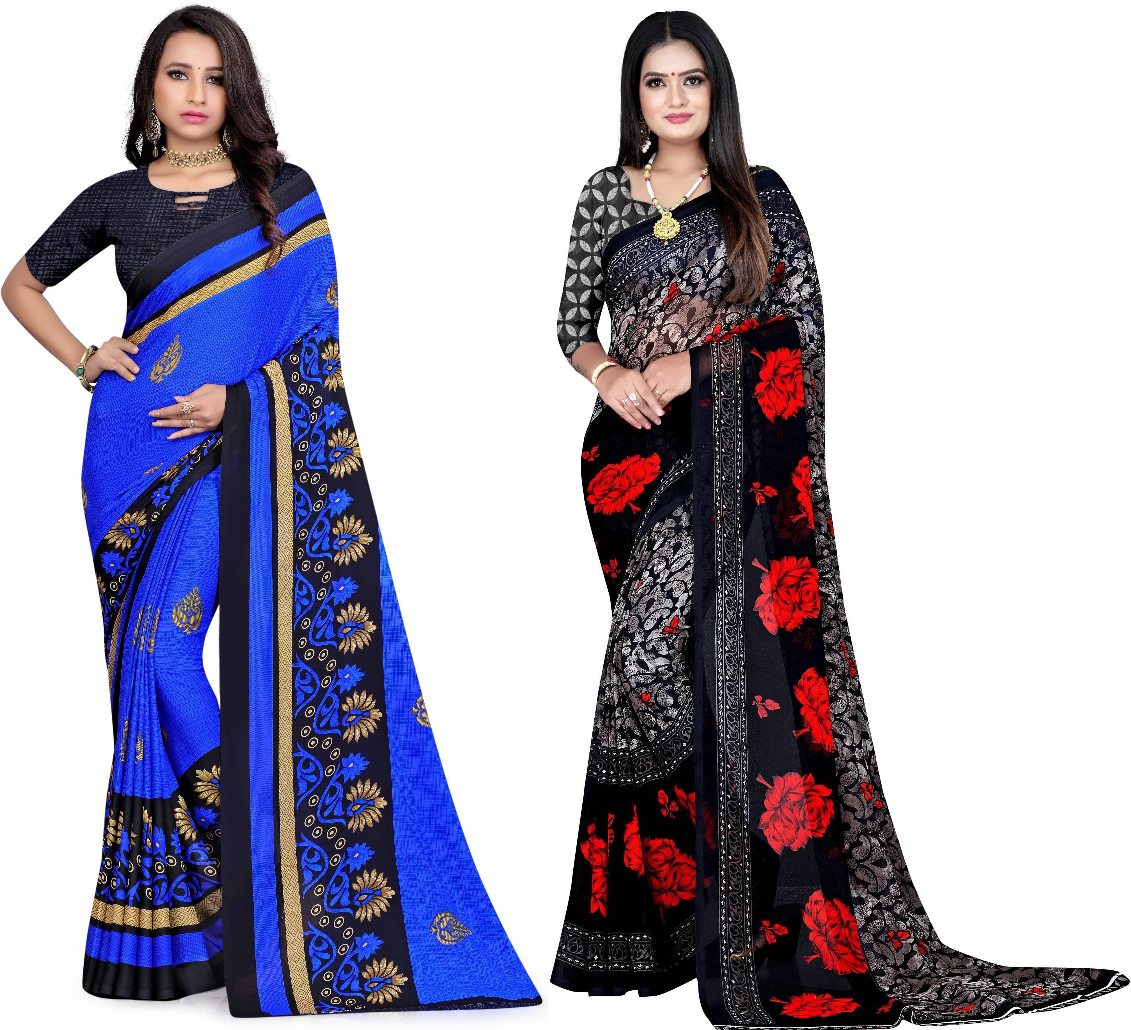LEELAVATI Georgette Printed Saree With Unstitched Blouse Piece ( Multicolor ) - Sarees | Buy online on ZillyBuy