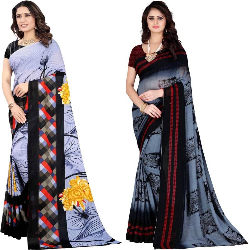 LEELAVATI Georgette Printed Saree With Unstitched Blouse Piece ( Multicolor ) - Sarees | Buy online on ZillyBuy