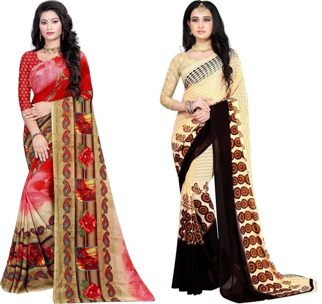 LEELAVATI Georgette Printed Saree With Unstitched Blouse Piece ( Multicolor ) - Sarees | Buy online on ZillyBuy
