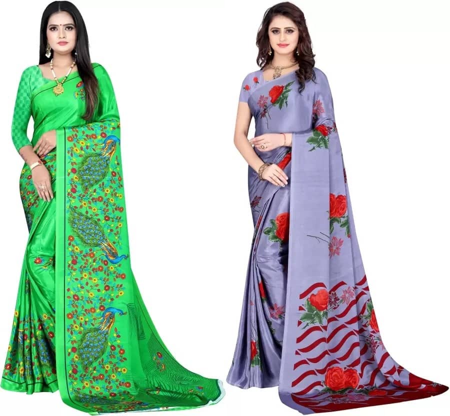 LEELAVATI Crepe Printed Saree With Unstitched Blouse Piece ( Multicolour ) - Sarees | Buy online on ZillyBuy