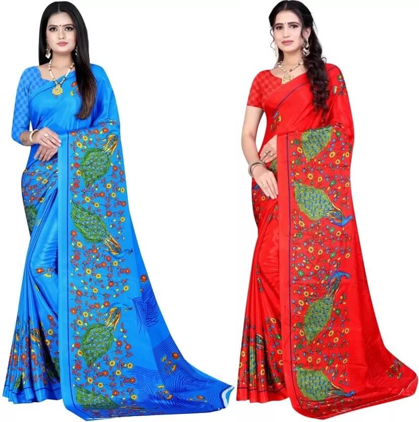LEELAVATI Crepe Printed Saree With Unstitched Blouse Piece ( Multicolour ) LEELAVATI Crepe Printed Saree With Unstitched Blouse Piece ( Multicolour )