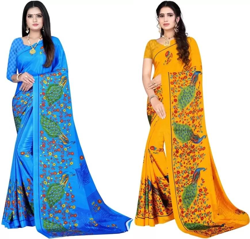 LEELAVATI Crepe Printed Saree With Unstitched Blouse Piece ( Multicolour ) LEELAVATI Crepe Printed Saree With Unstitched Blouse Piece ( Multicolour )