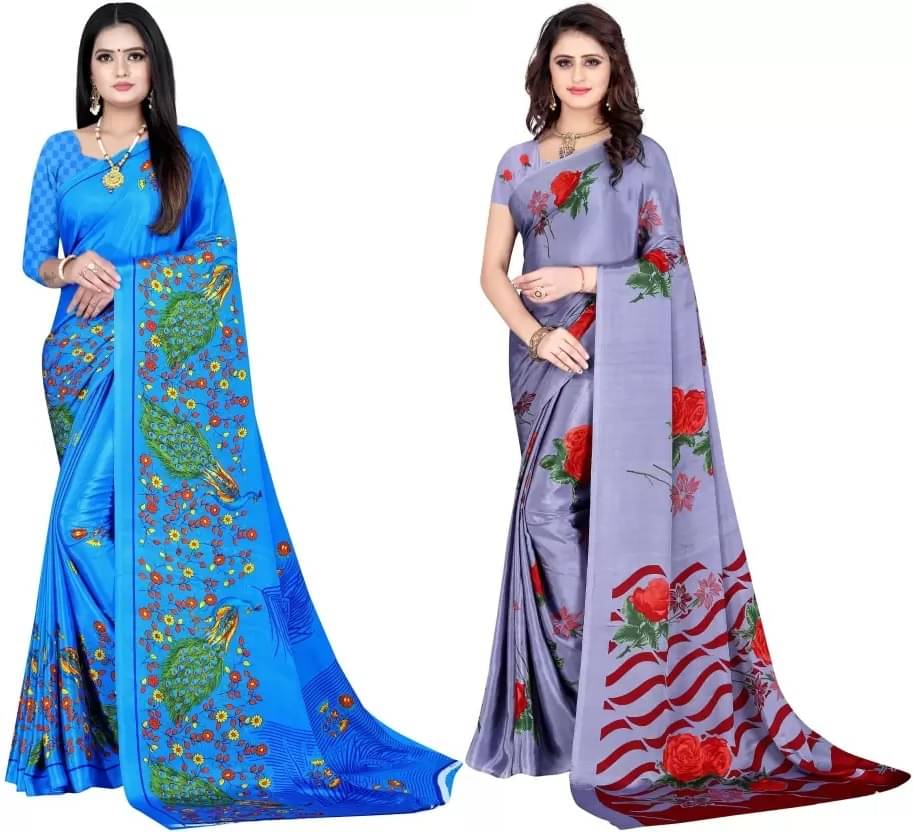 LEELAVATI Crepe Printed Saree With Unstitched Blouse Piece ( Multicolour ) LEELAVATI Crepe Printed Saree With Unstitched Blouse Piece ( Multicolour )