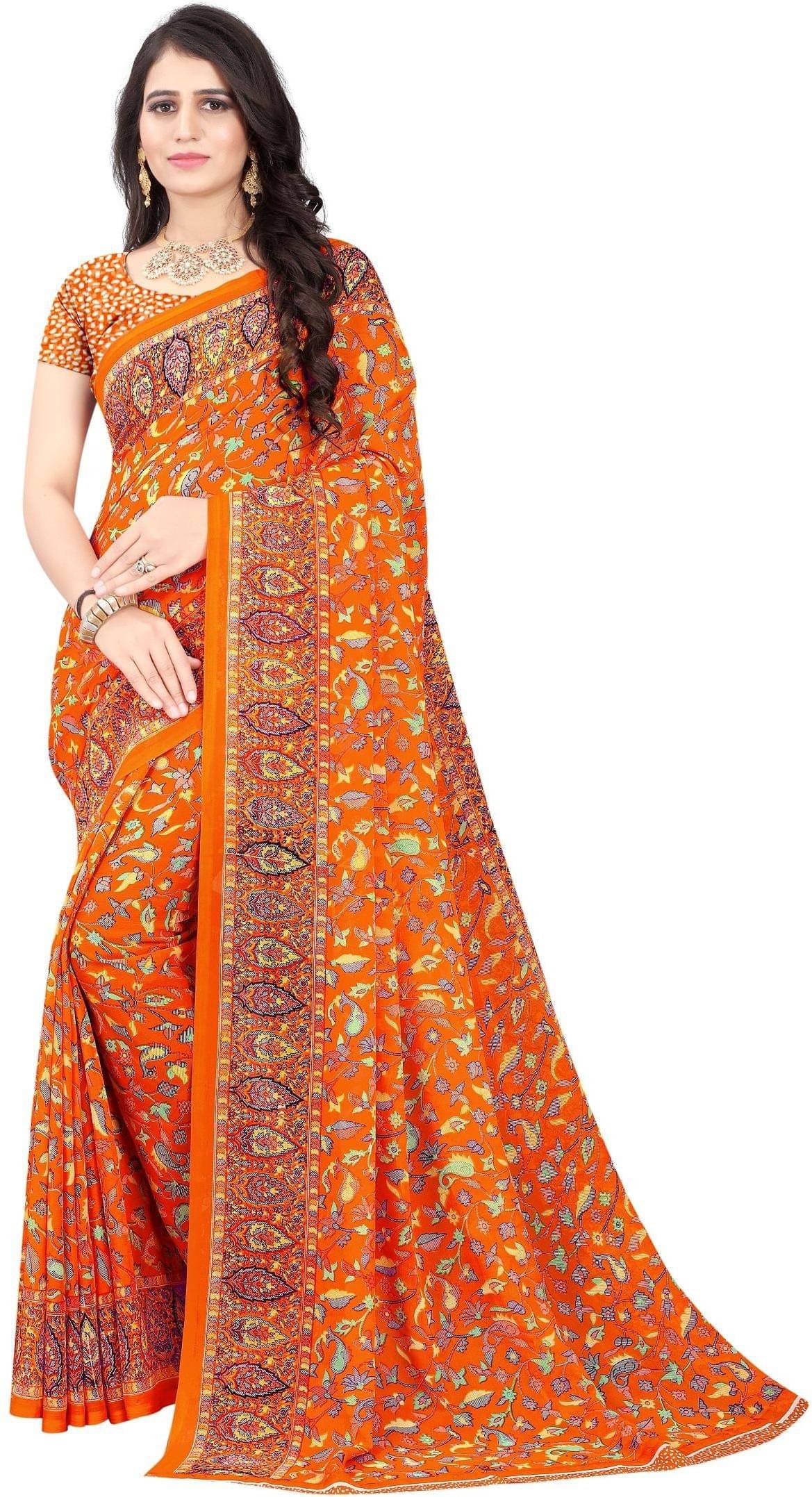 LEELAVATI Georgette Printed Saree With Unstitched Blouse Piece ( Orange ) LEELAVATI Georgette Printed Saree With Unstitched Blouse Piece ( Orange )