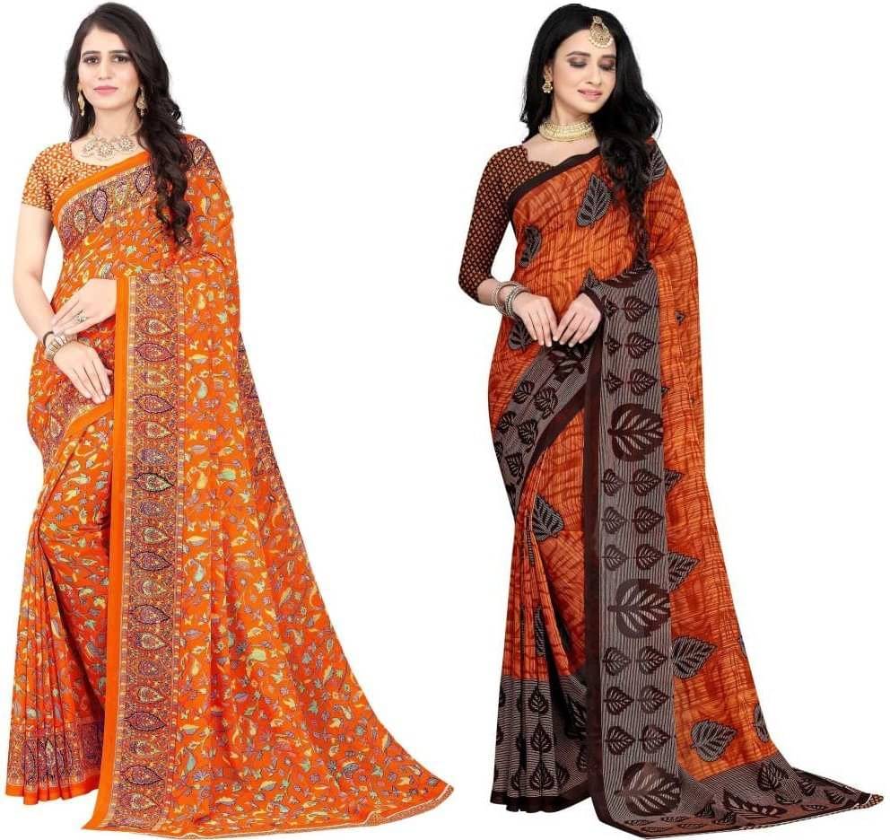     			LEELAVATI Georgette Printed Saree With Unstitched Blouse Piece ( Orange )